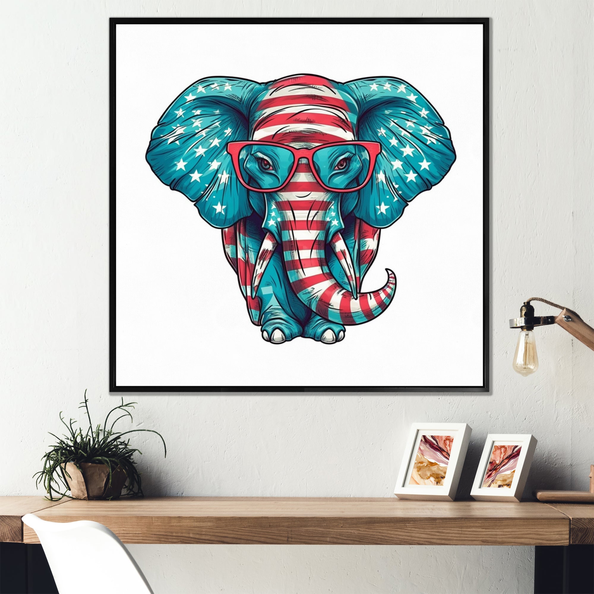 Blue Red Elephant With Glasses - Blue Elephant Fashion Wall Art