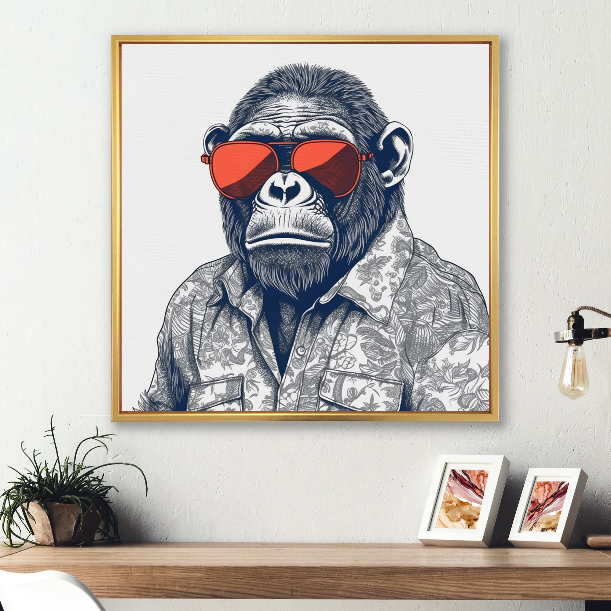 Grey Orange Monkey With Sunglasses - Monkey Fashion Framed Canvas Art