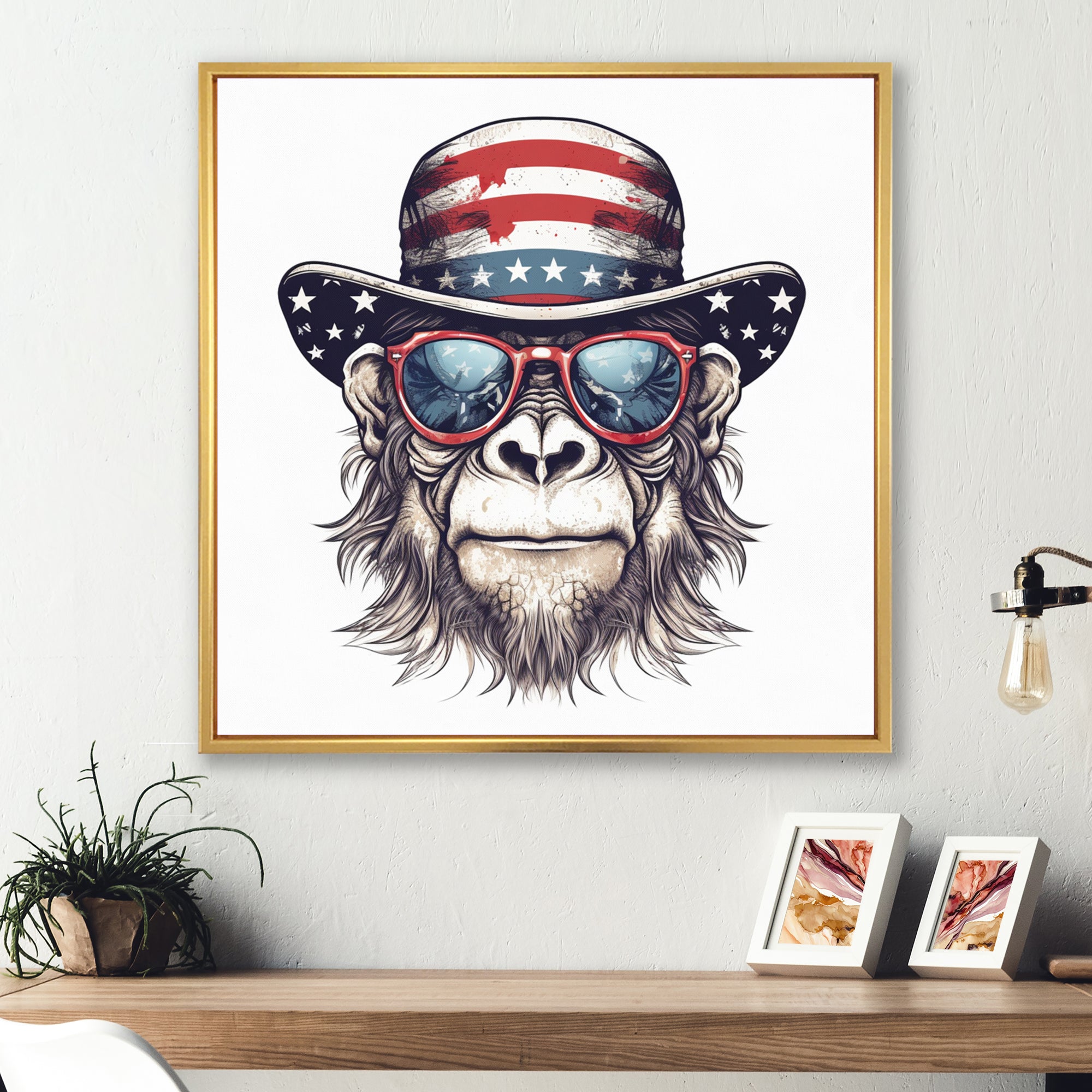 Red Blue Monkey With Sunglasses And Hat - Monkey Fashion Home Decor Art