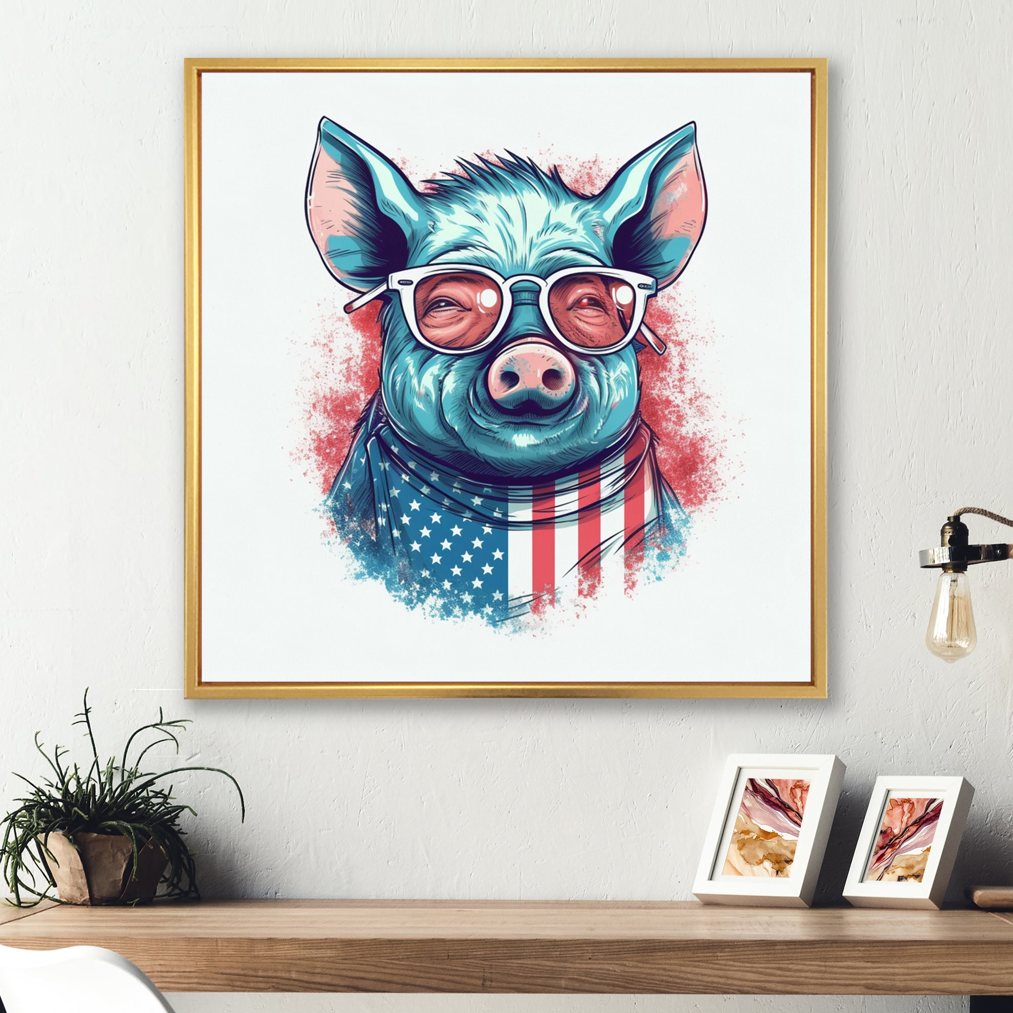 Blue Red Pig With Sunglasses - Pig Living Room Wall Art