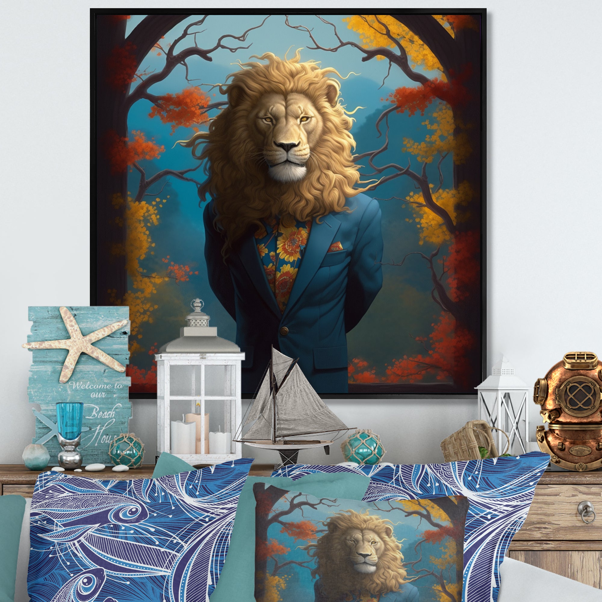 Yellow Blue Lion In Suit - Yellow Lion Wall Art