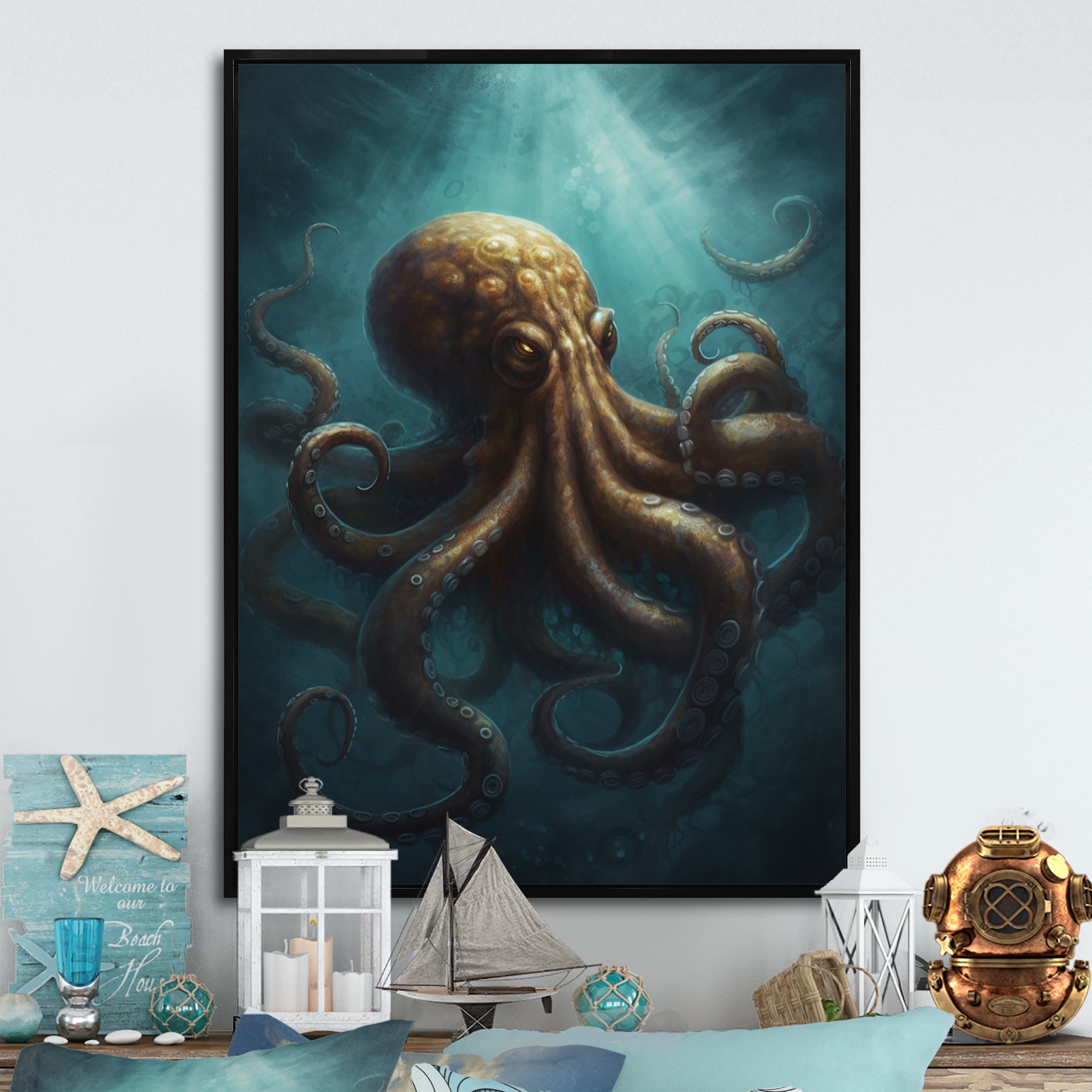 Brown Blue Octopus Under The Sea - Brown Octopus Wall Art