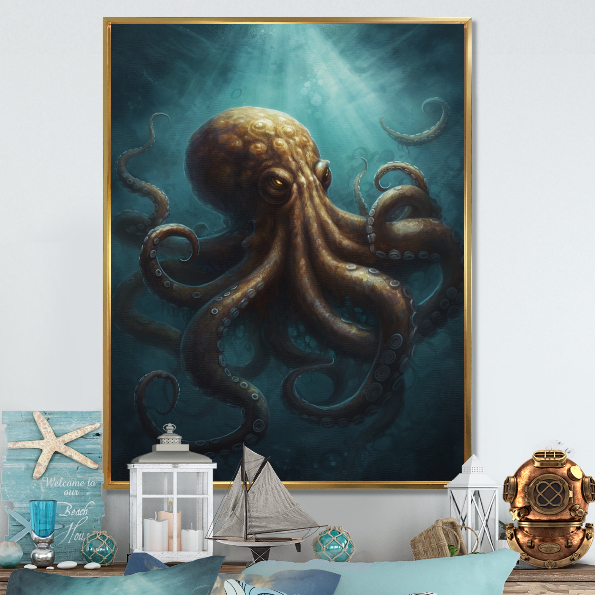 Brown Blue Octopus Under The Sea - Brown Octopus Wall Art
