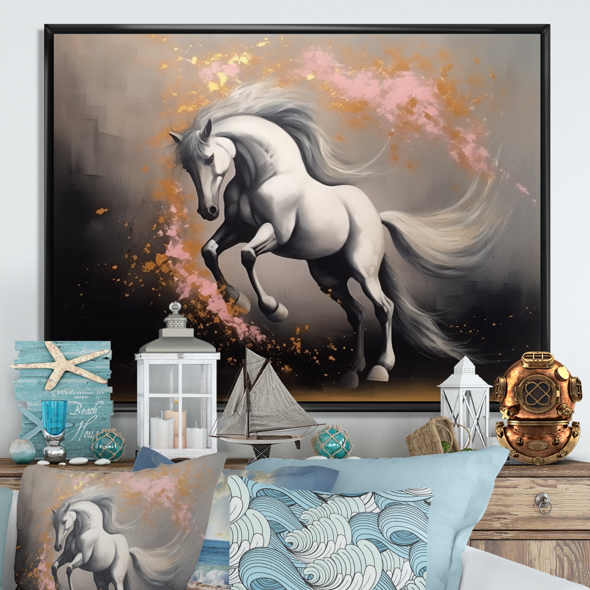 White Pink horse On The Run - Horse Framed Canvas Art