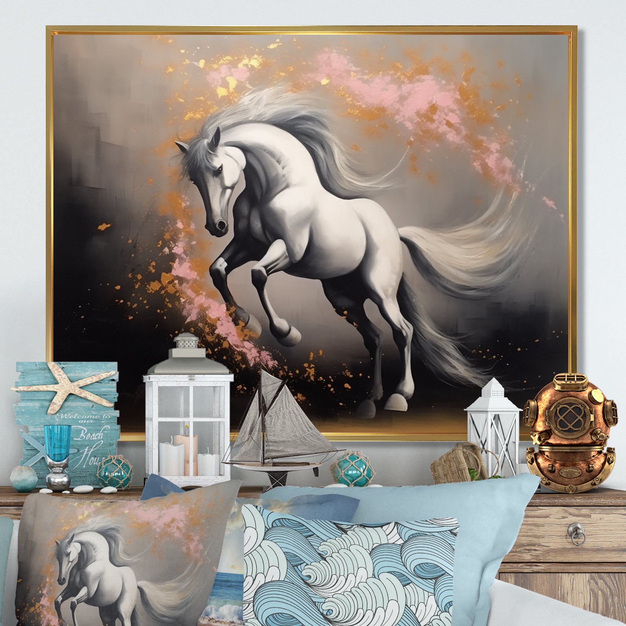 White Pink horse On The Run - Horse Framed Canvas Art