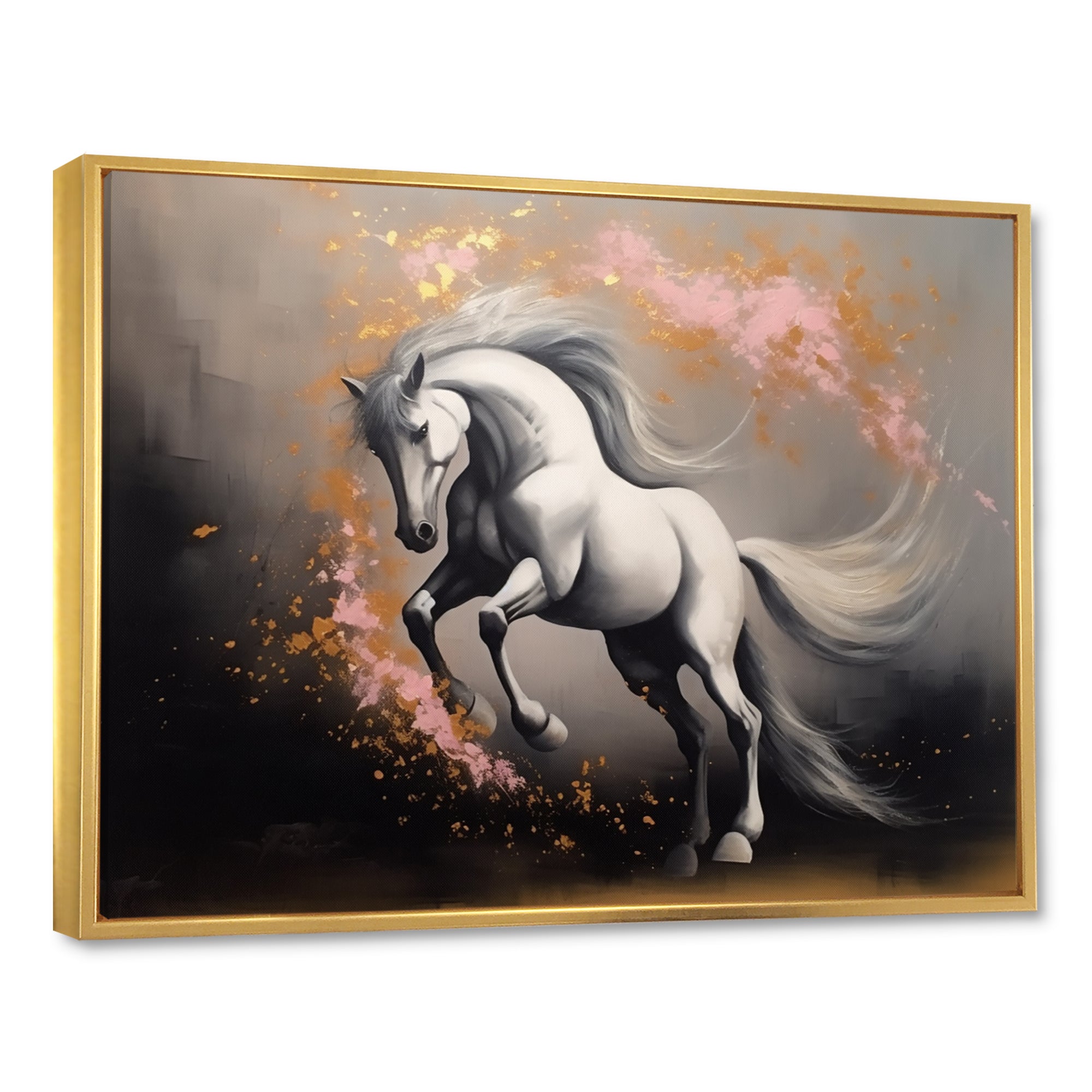White Pink horse On The Run - Horse Framed Canvas Art