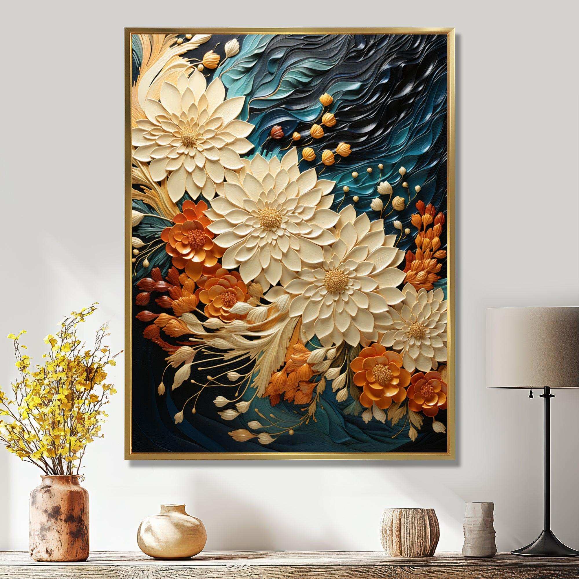 IDesignart Orange Teal Botanical Whirlwind III - Abstract Canvas Wall Art