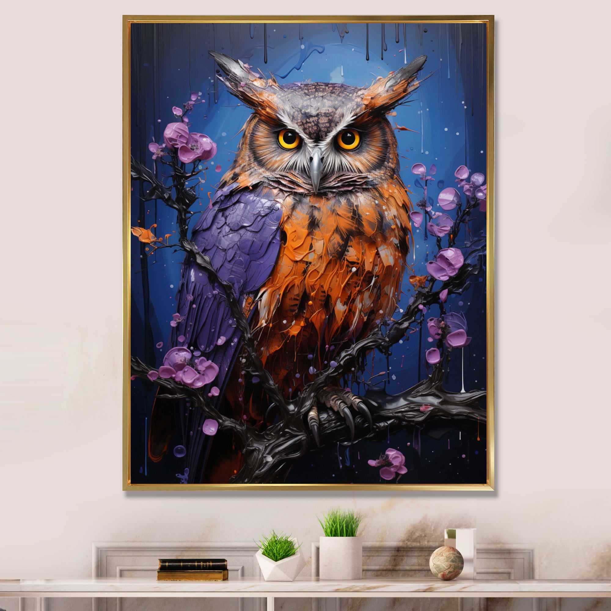 Purple Animal Amethyst Owl Drips - Owl Canvas Wall Art