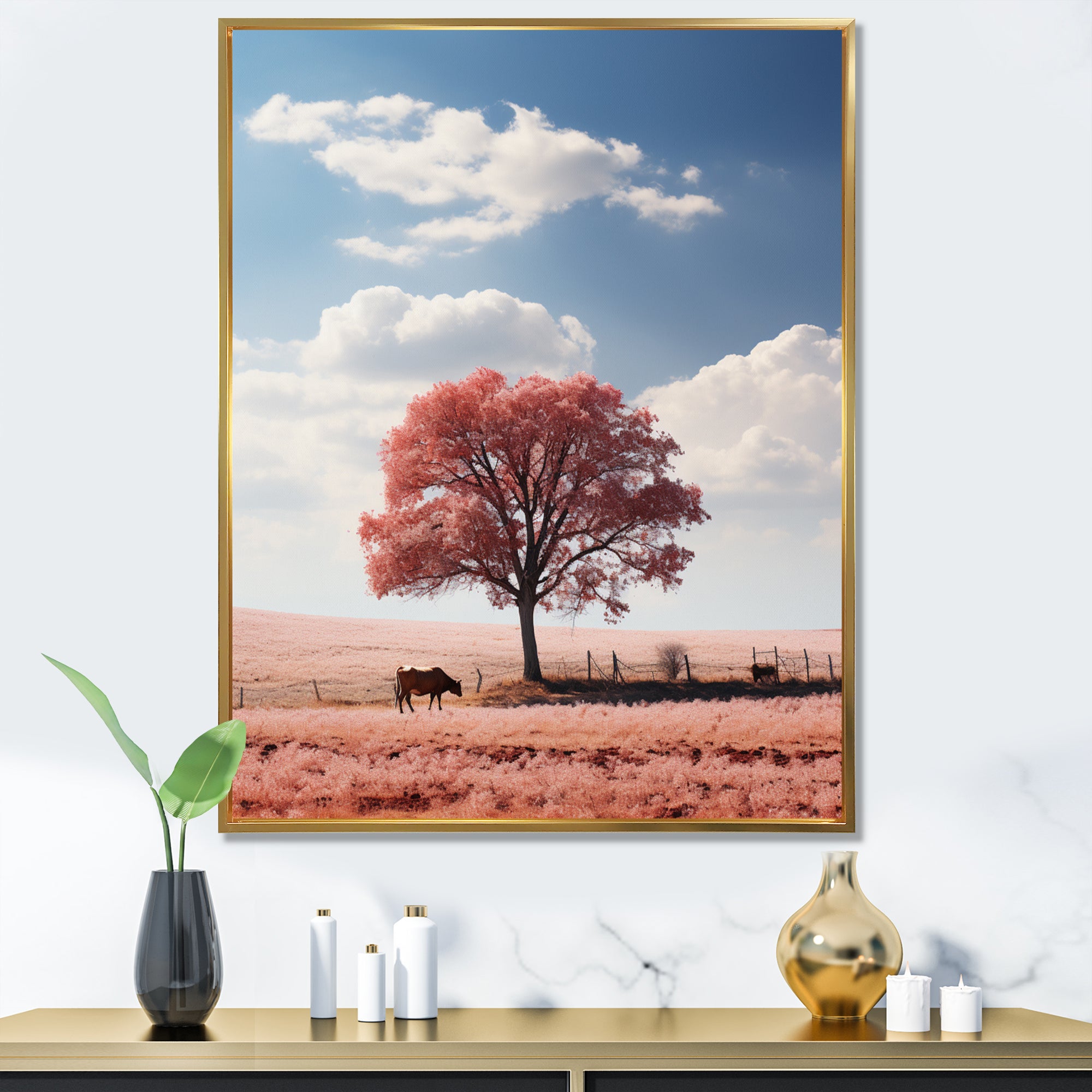 Pink Tree Tranquil Fields - Cow Wall Decor