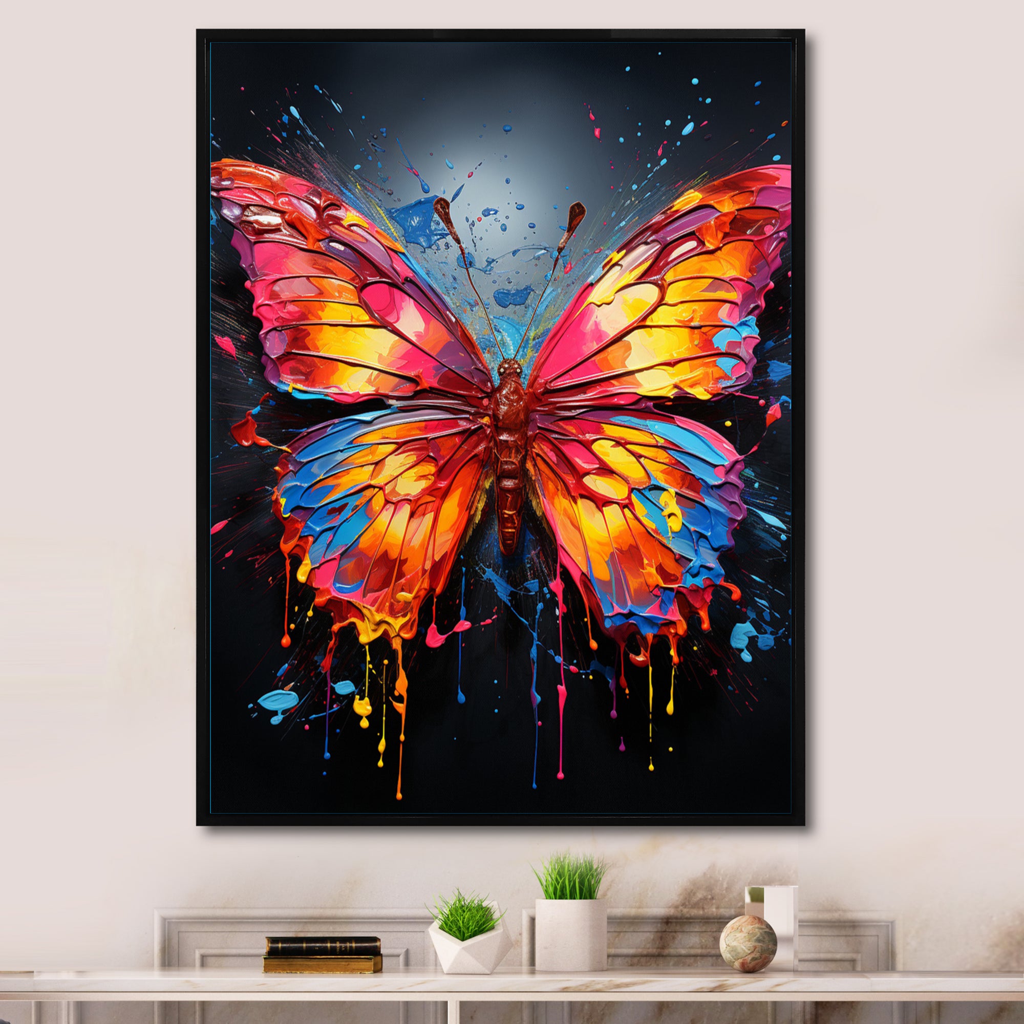 Coral Yellow Neon Butterfly Electric - Butterfly Framed Canvas Art