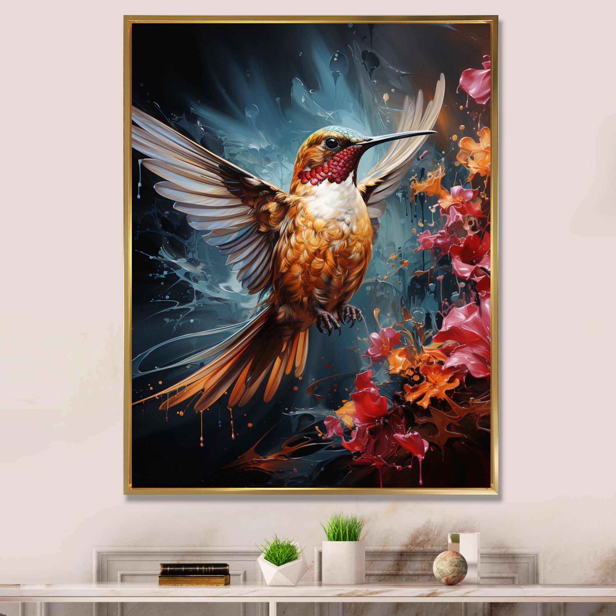 Teal Orange Animal Ruby Hummingbird Drips - Hummingbird Home Decor Art