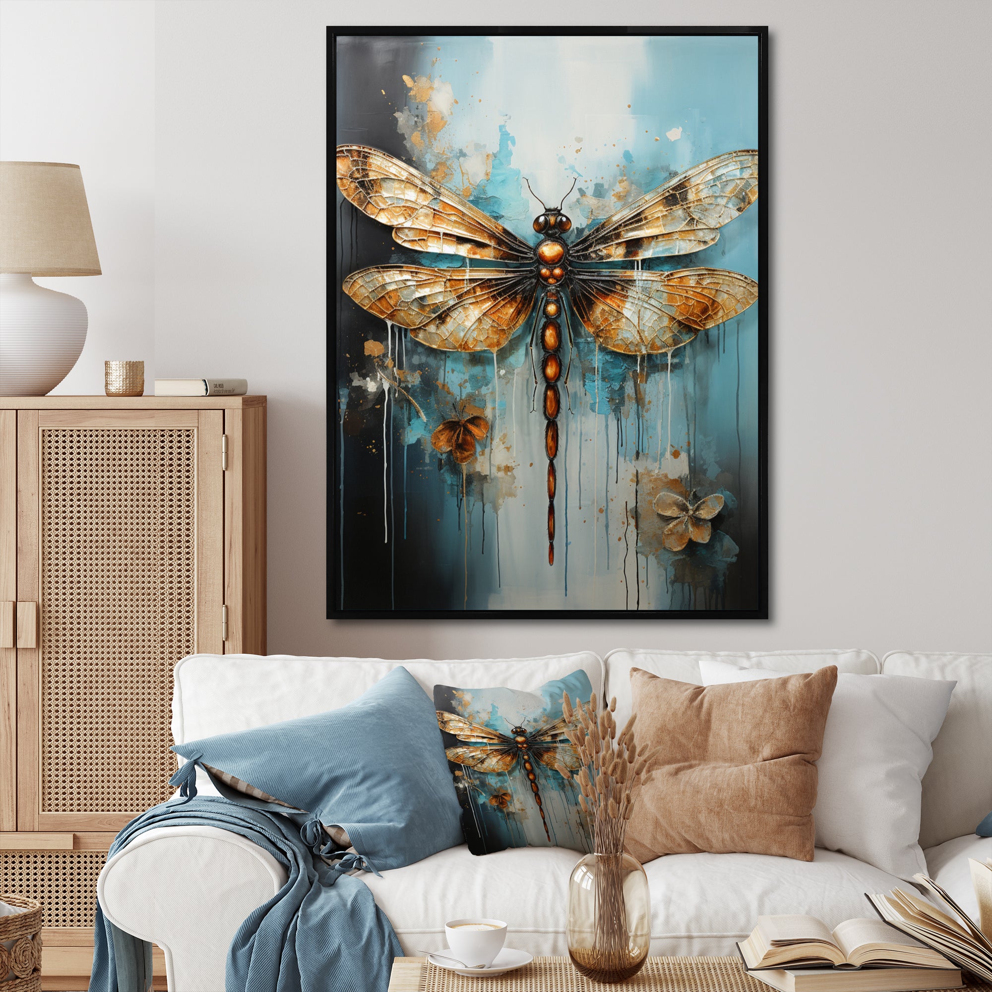 Gold Animal Turquoise Dragonfly Drips - Dragonfly Framed Canvas Art