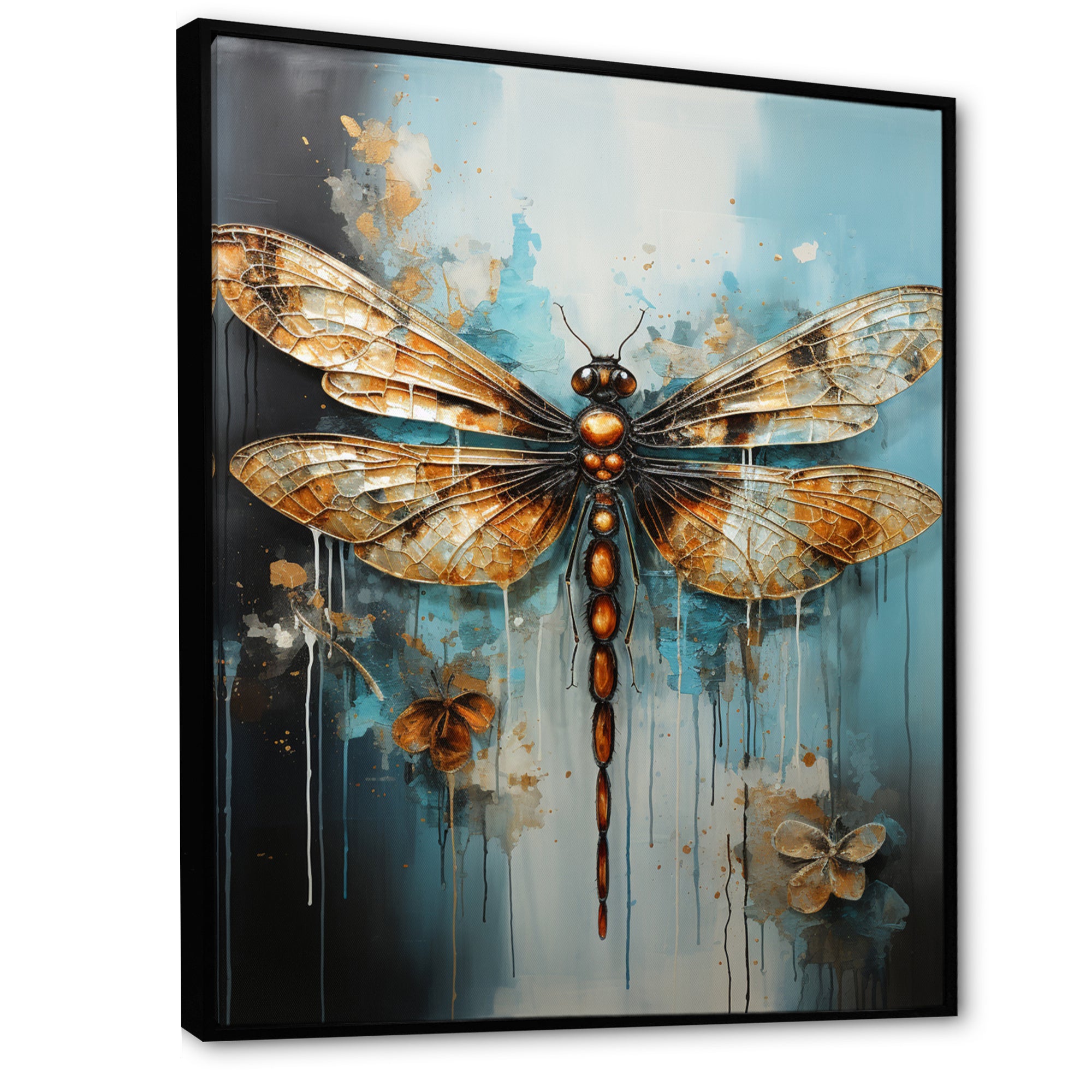 Gold Animal Turquoise Dragonfly Drips - Dragonfly Framed Canvas Art
