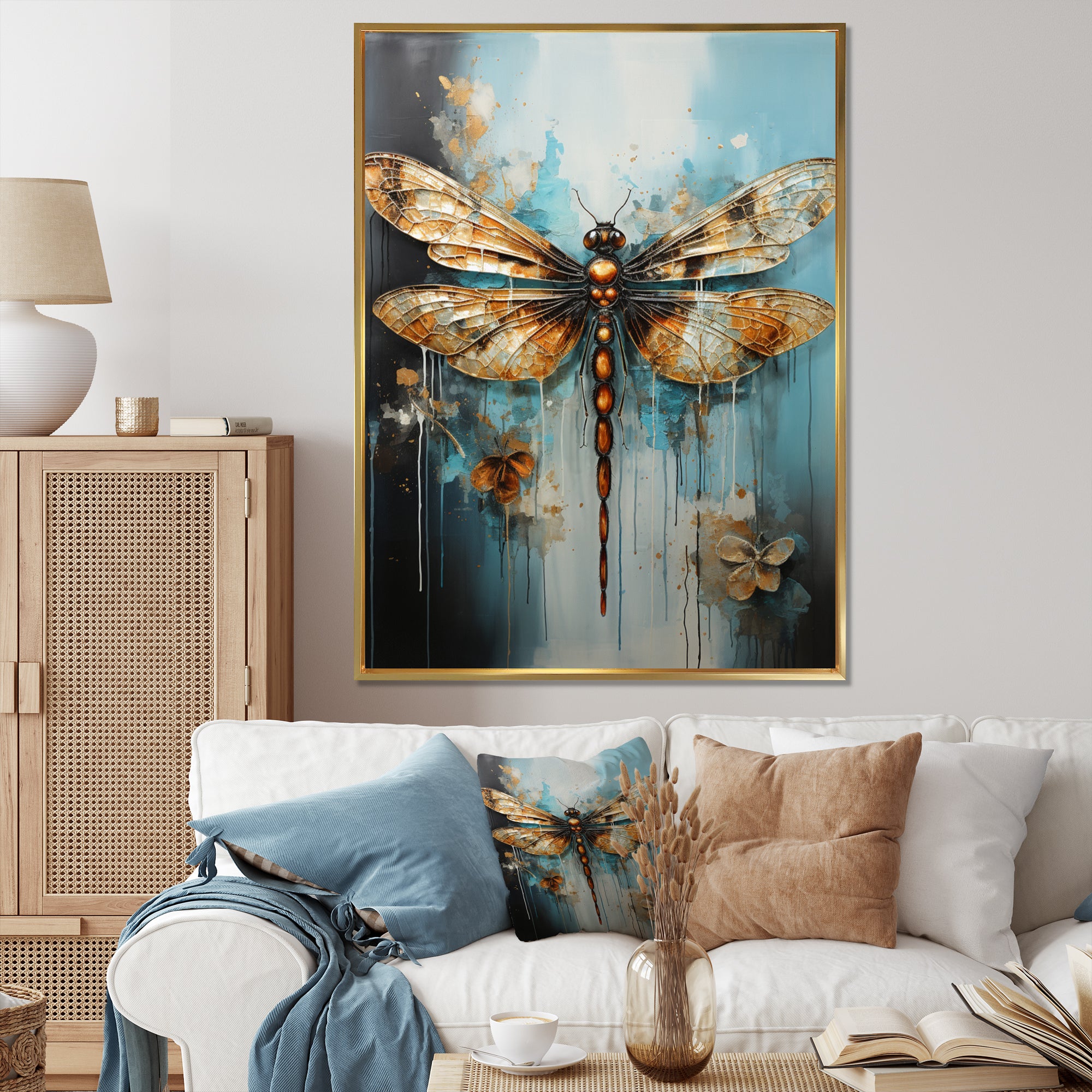 Gold Animal Turquoise Dragonfly Drips - Dragonfly Framed Canvas Art