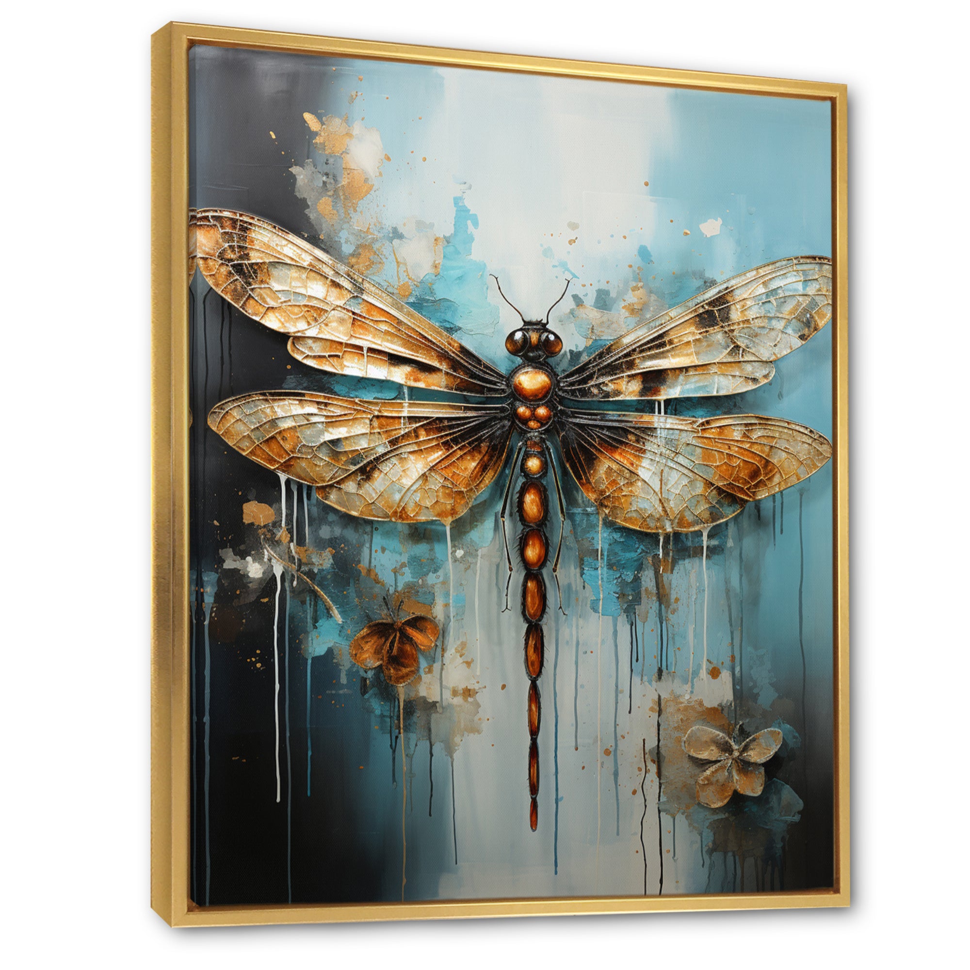 Gold Animal Turquoise Dragonfly Drips - Dragonfly Framed Canvas Art