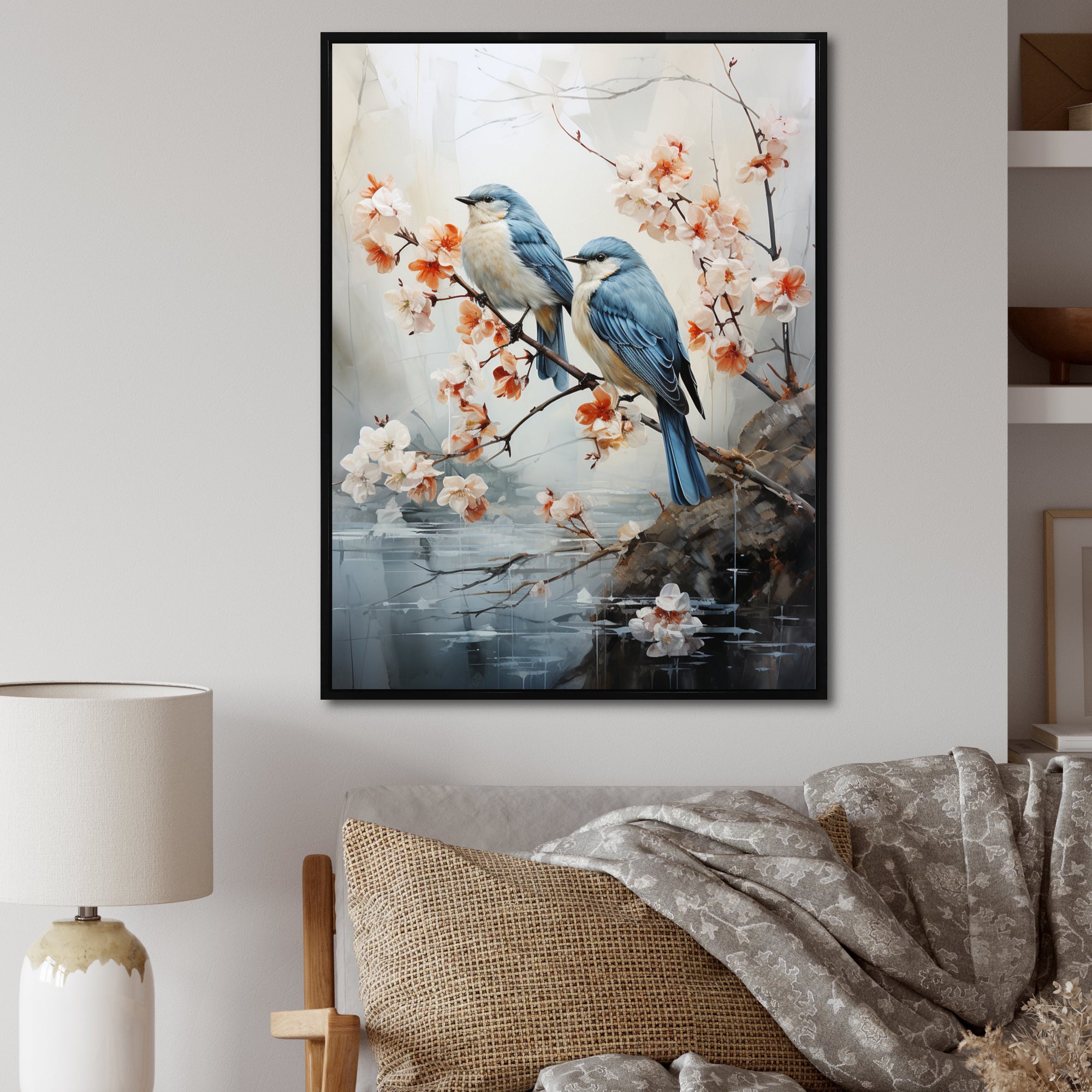 River Cascades and Birds - Blue Bird Floral Wall Art