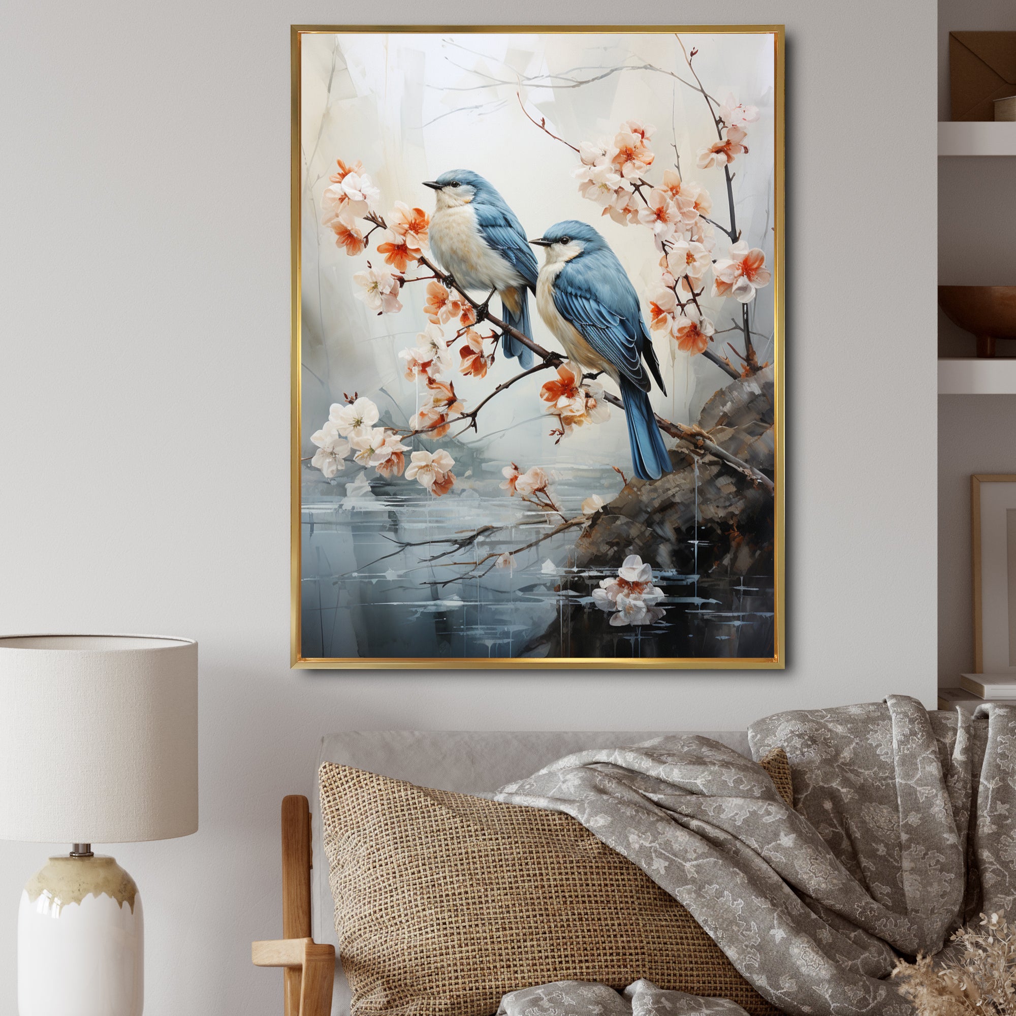 River Cascades and Birds - Blue Bird Floral Wall Art