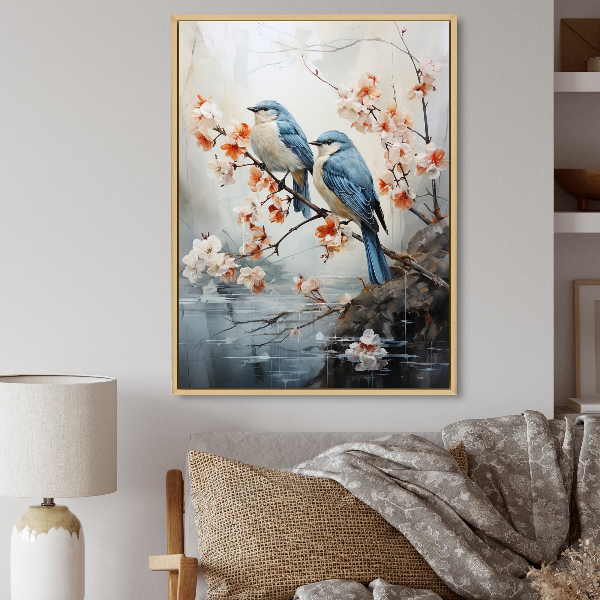 River Cascades and Birds - Blue Bird Floral Wall Art