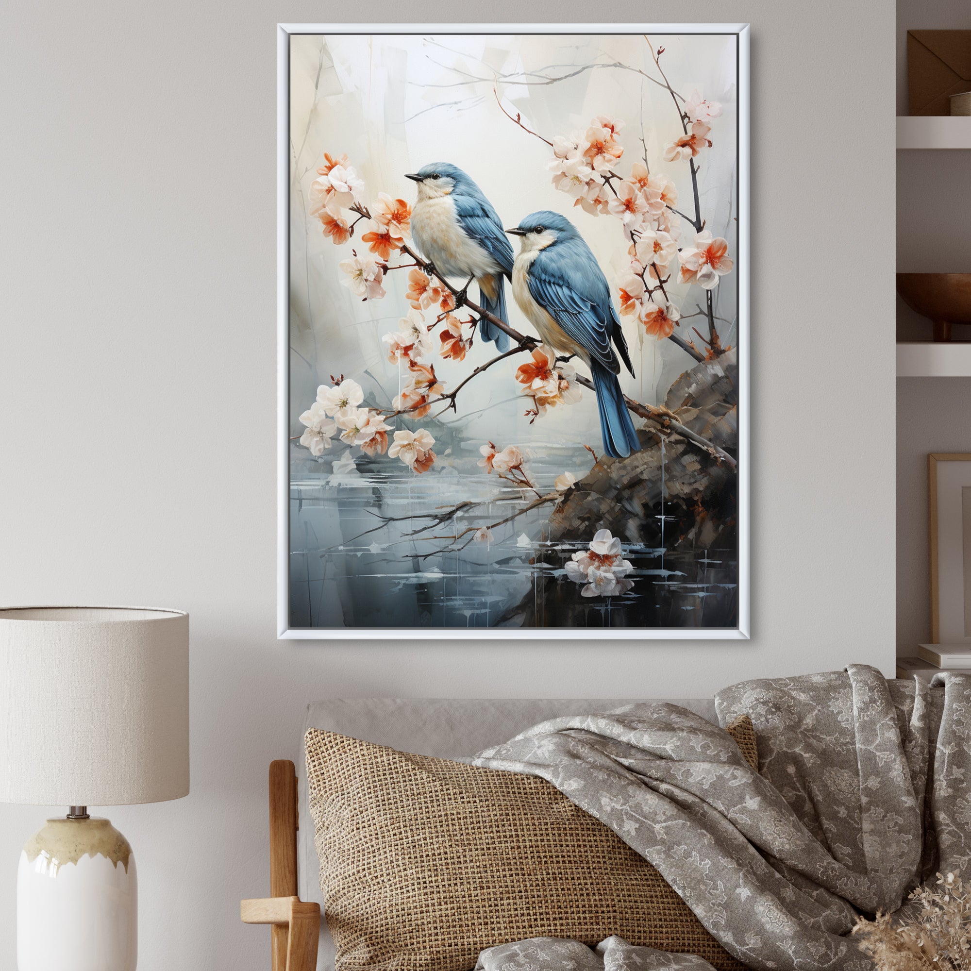 River Cascades and Birds - Blue Bird Floral Wall Art