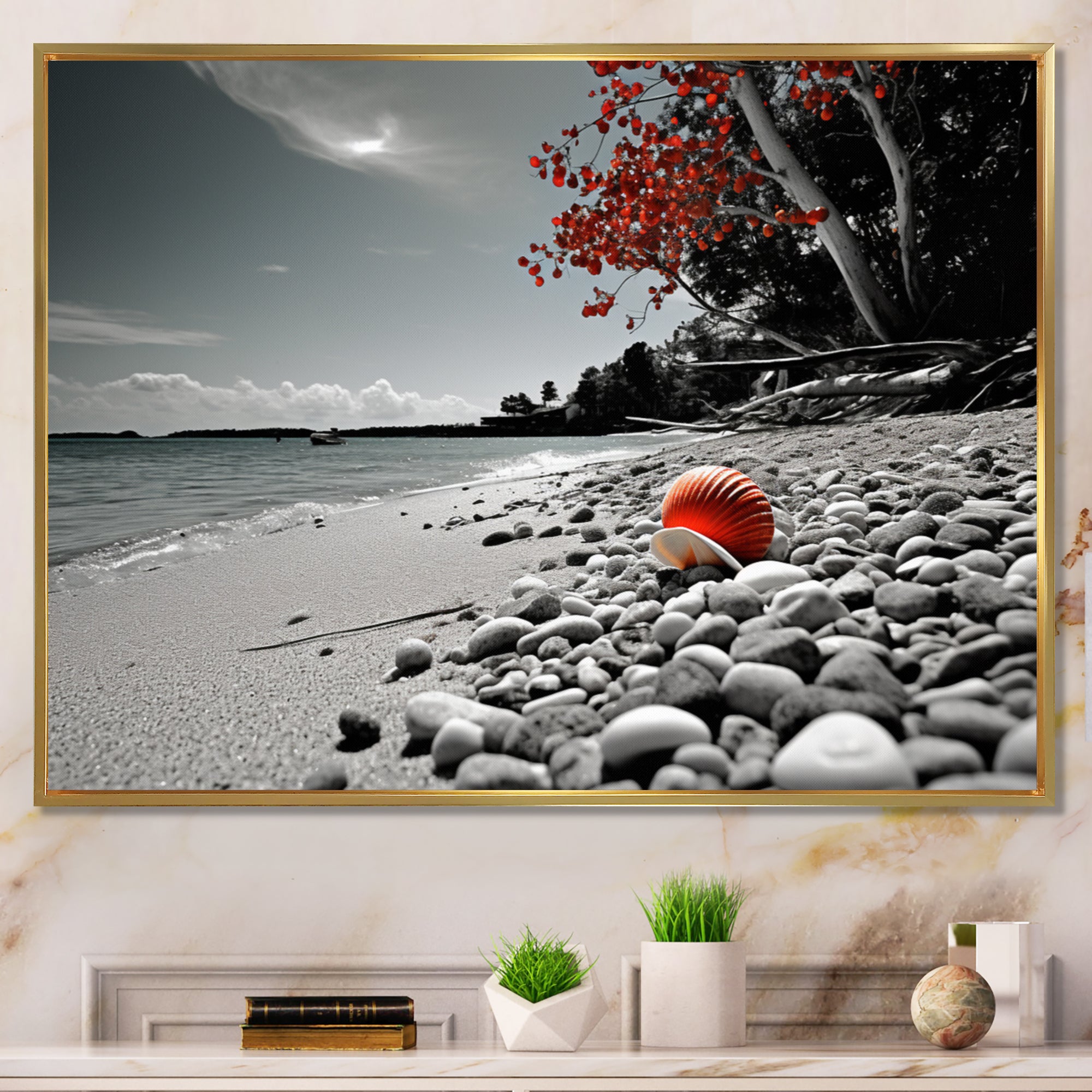 Grey Red Beach Seashell Symphony - Seashell Canvas Wall Art