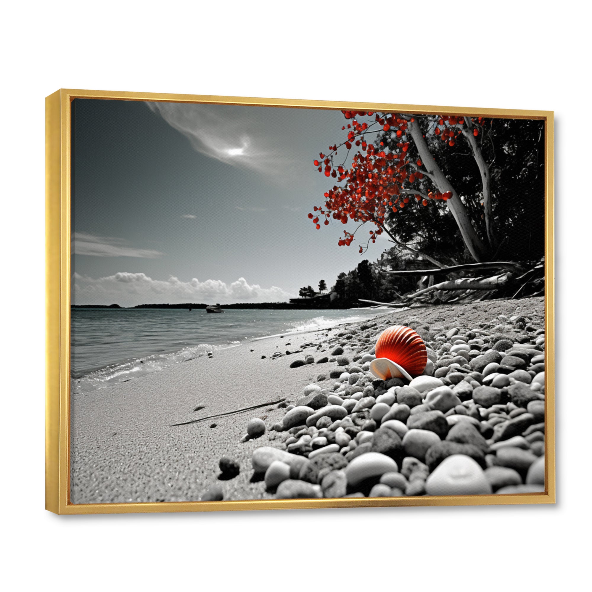 Grey Red Beach Seashell Symphony - Seashell Canvas Wall Art