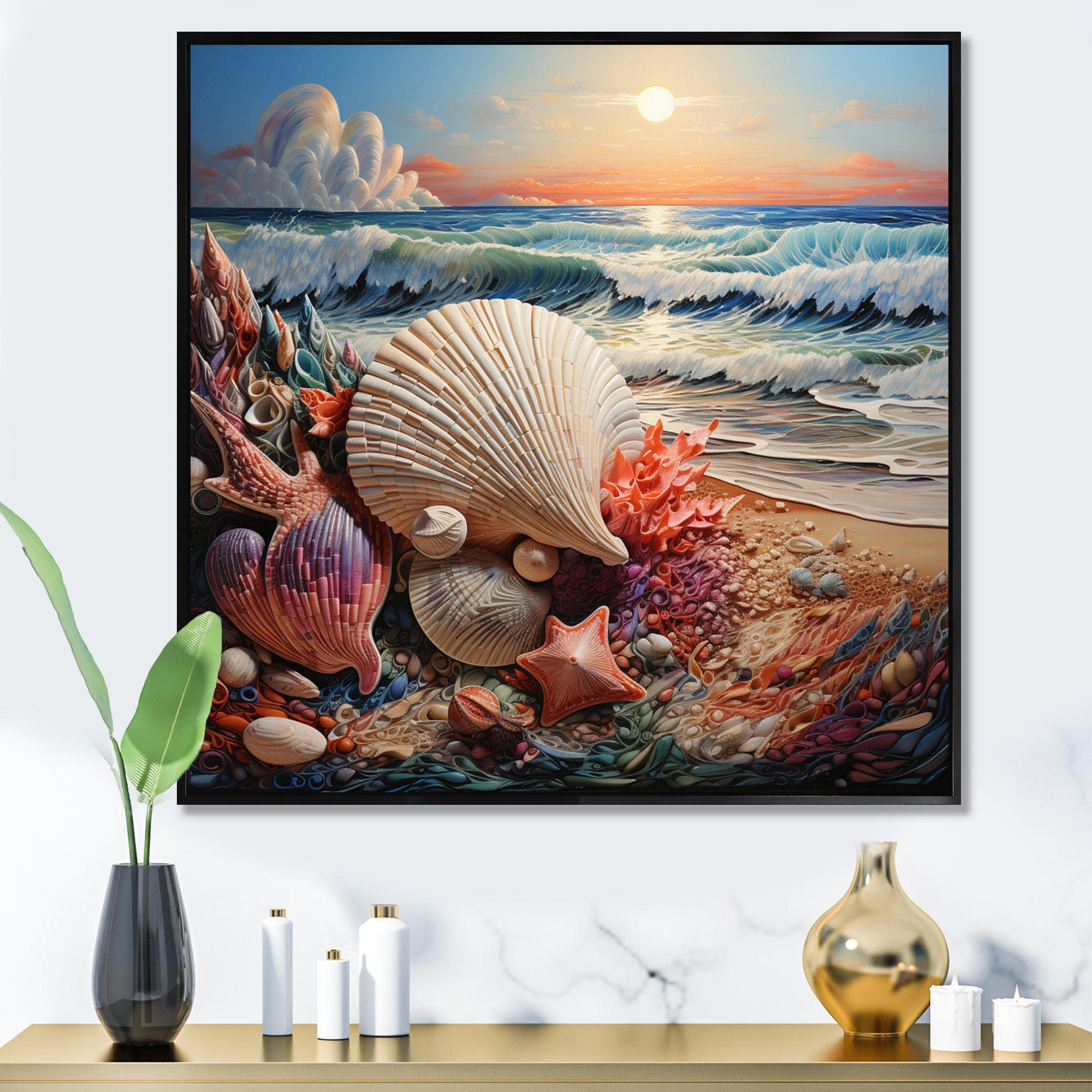 Seashell At Beach Symphony Pointillism - Seashell Wall Decor