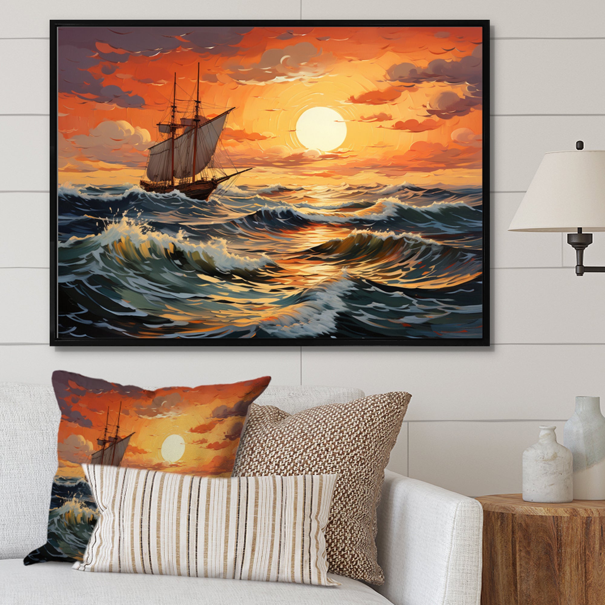 Orange Teal boat Energetic Storm I - Boat Canvas Wall Art