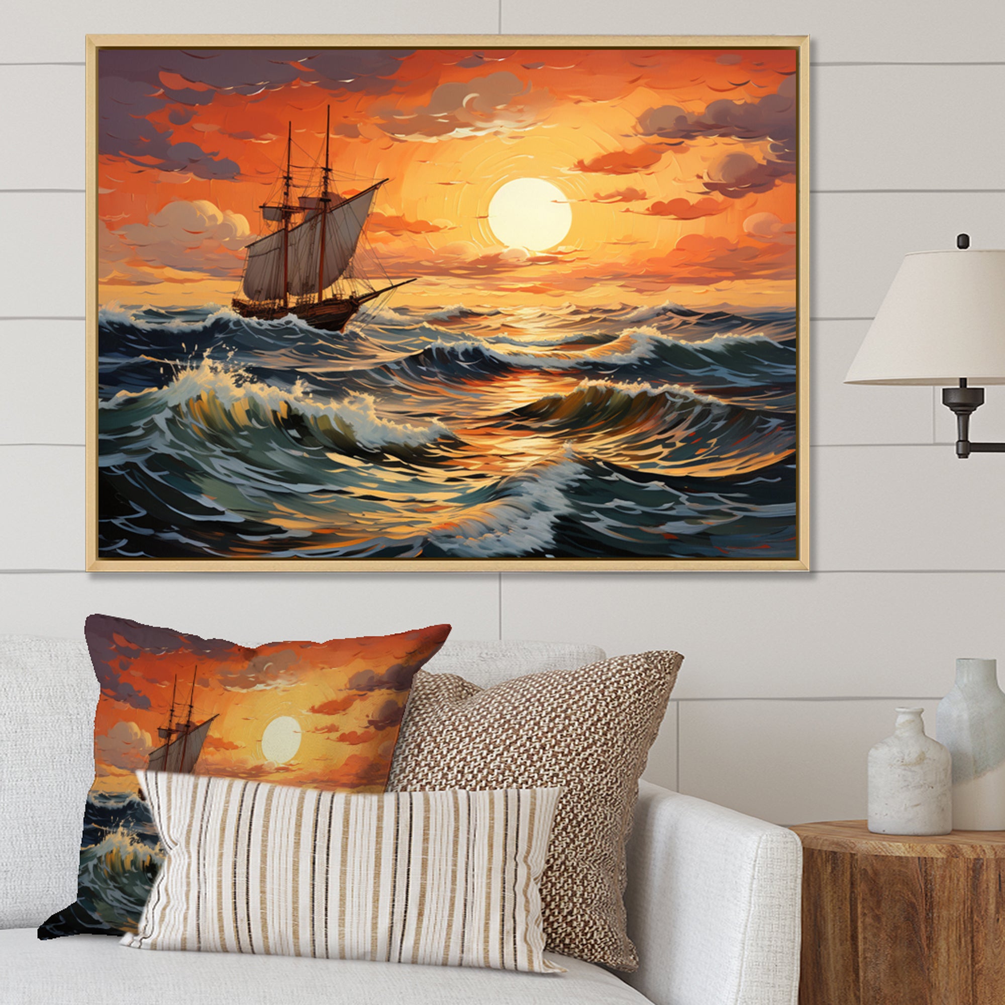 Orange Teal boat Energetic Storm I - Boat Canvas Wall Art