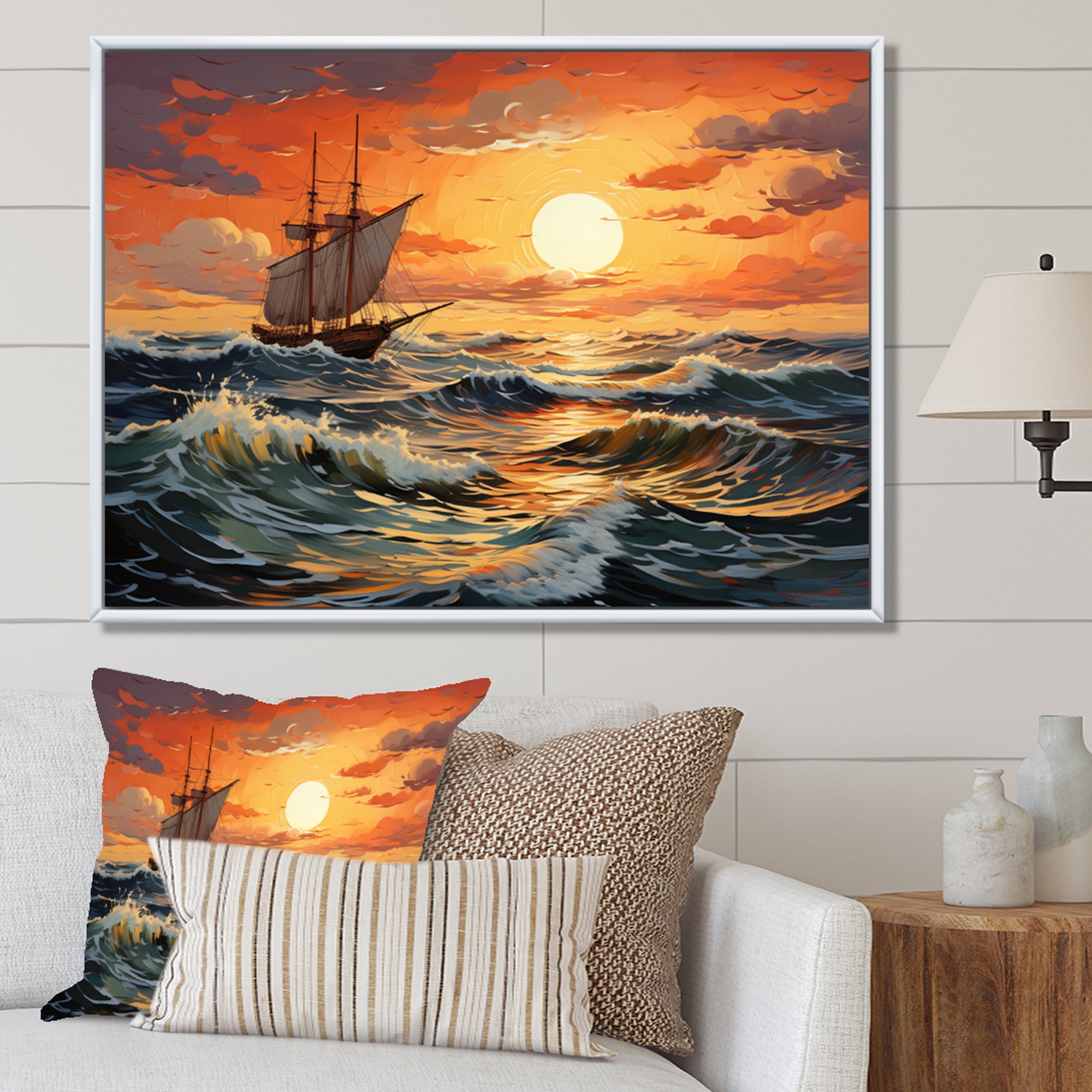Orange Teal boat Energetic Storm I - Boat Canvas Wall Art