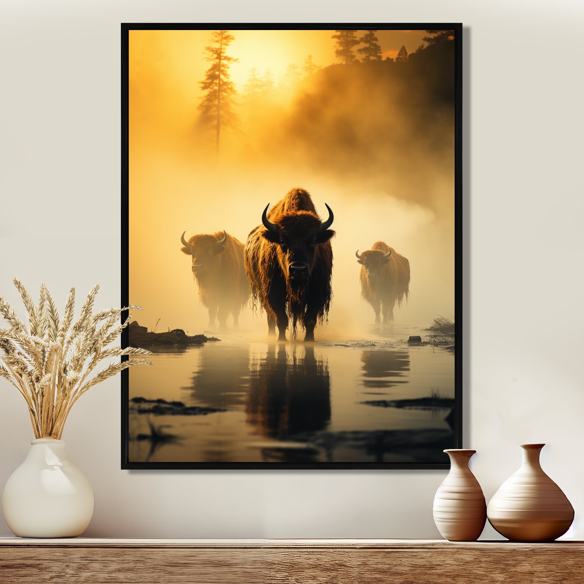 Yellow Black Buffalo Ethereal Grazing - Buffalo Canvas Wall Art