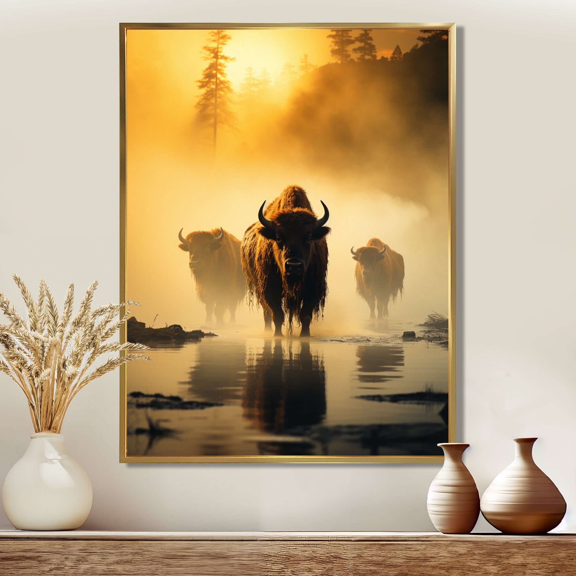 Yellow Black Buffalo Ethereal Grazing - Buffalo Canvas Wall Art