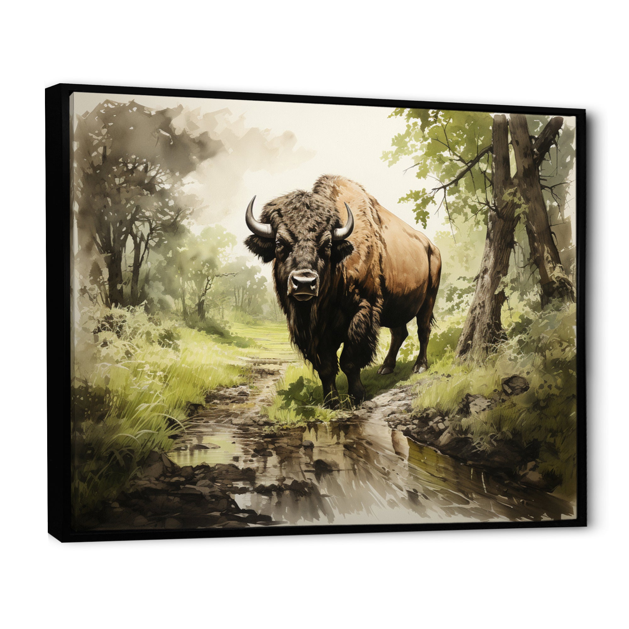 Brown Green Buffalo Shadows Of Serenity - Buffalo Large Canvas Wall Art