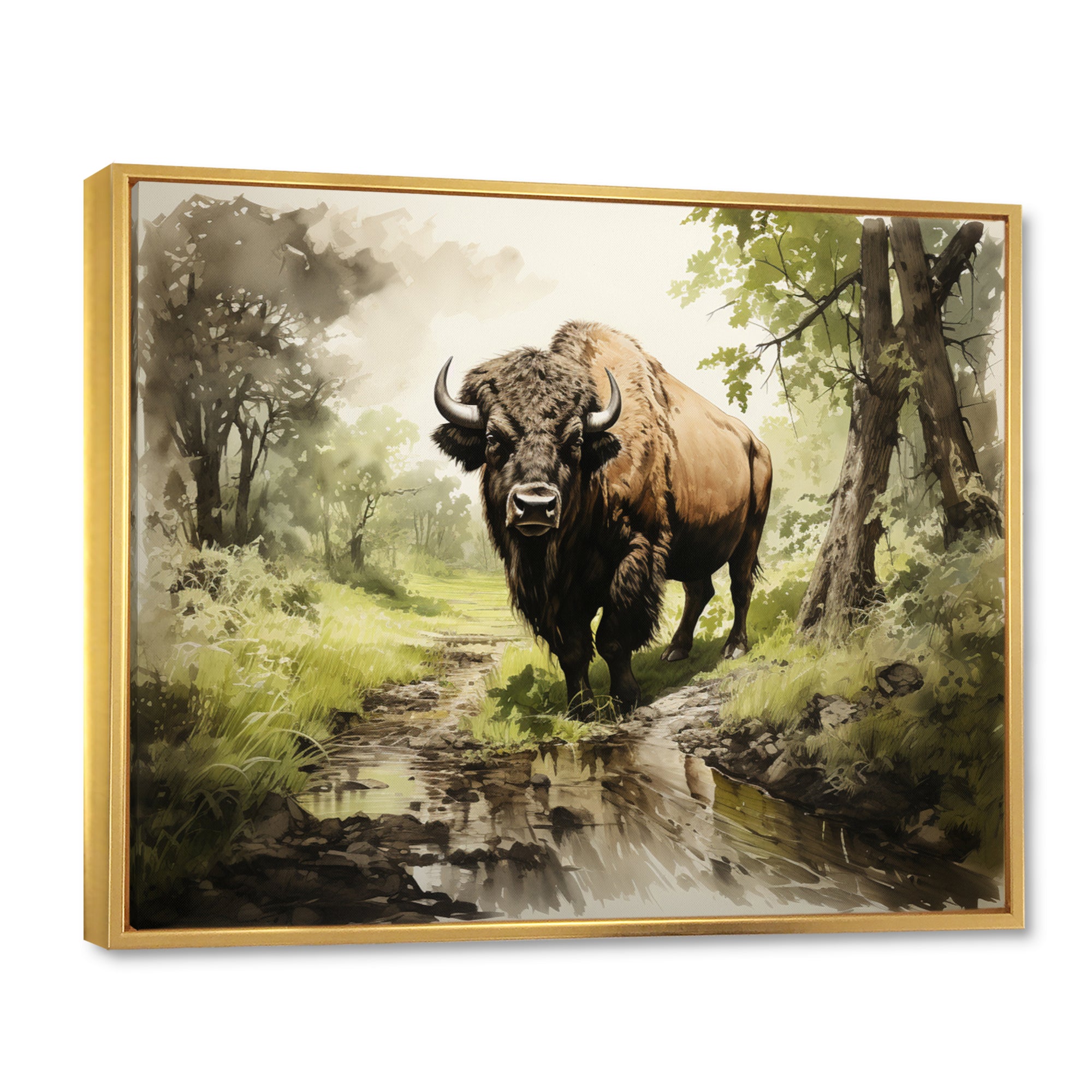 Brown Green Buffalo Shadows Of Serenity - Buffalo Large Canvas Wall Art