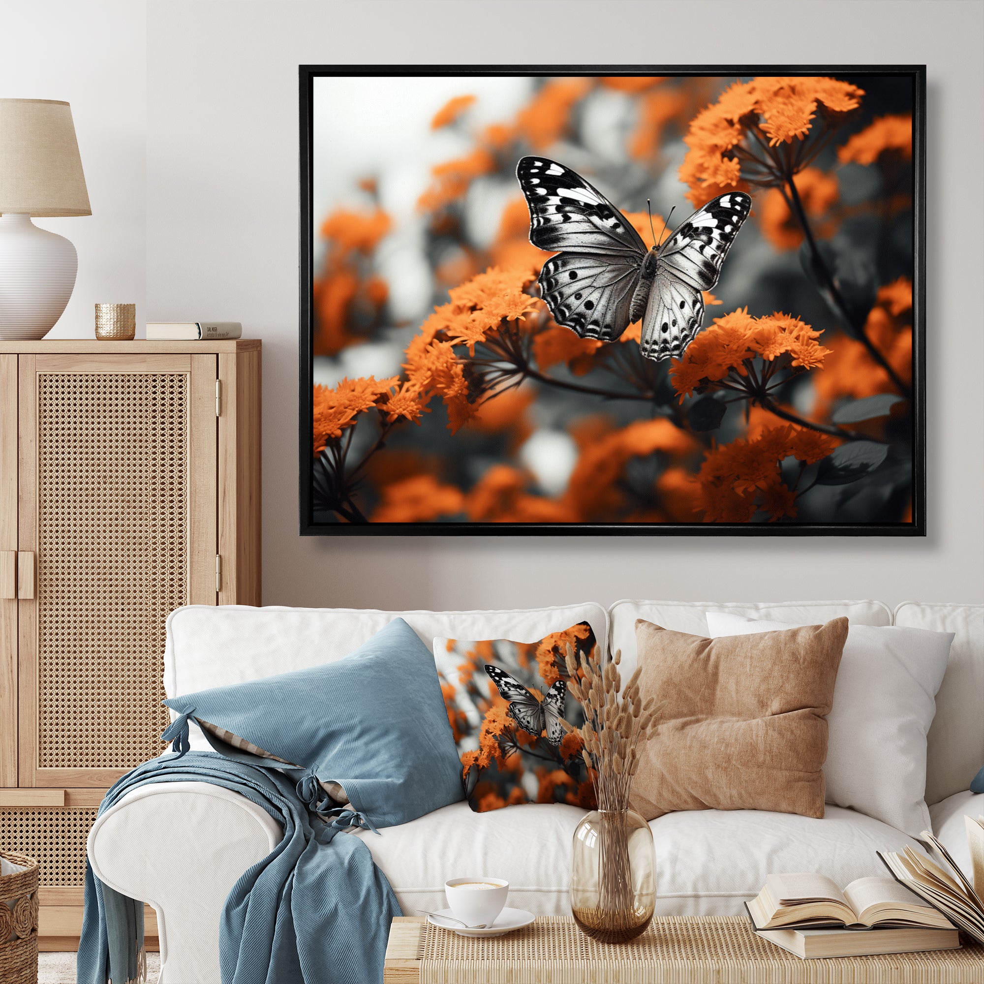 Coral Black Butterfly Fluttering Grace - Coral Butterfly Wall Art