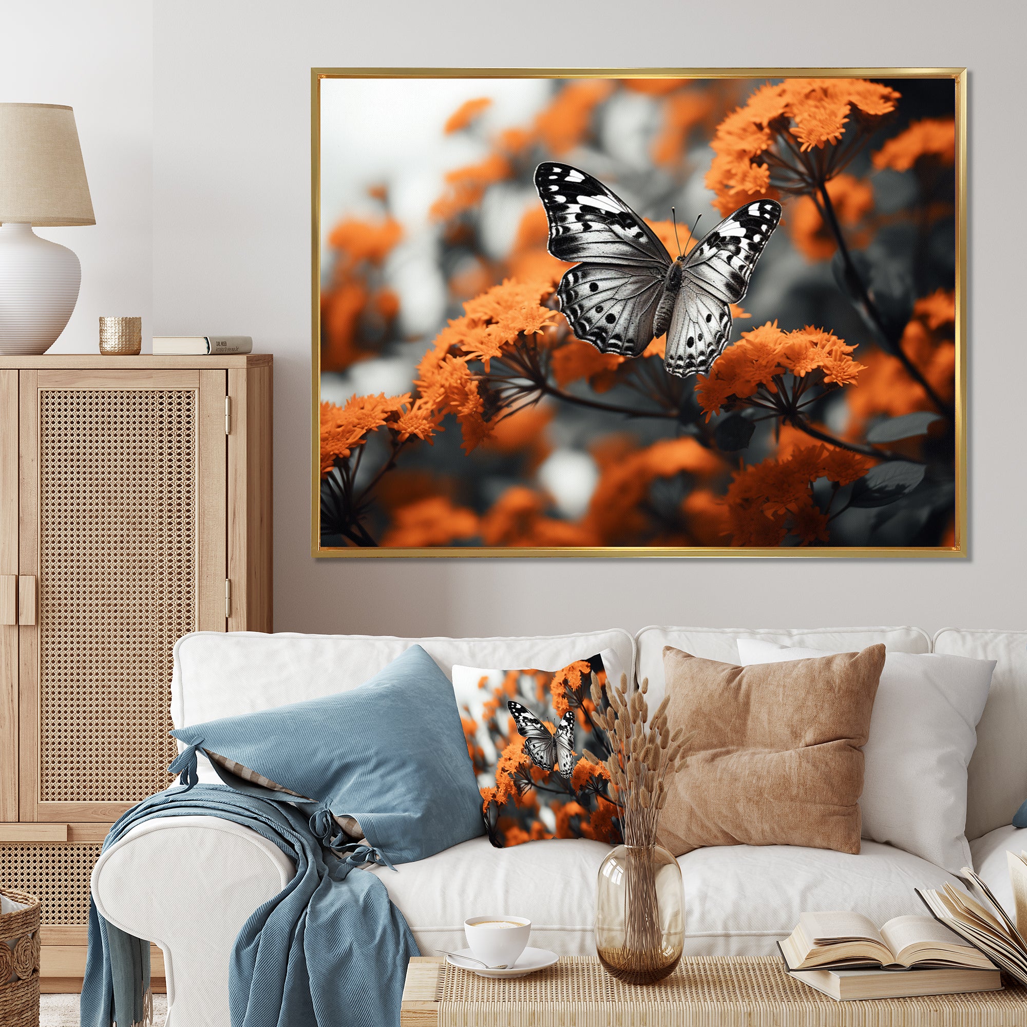 Coral Black Butterfly Fluttering Grace - Coral Butterfly Wall Art