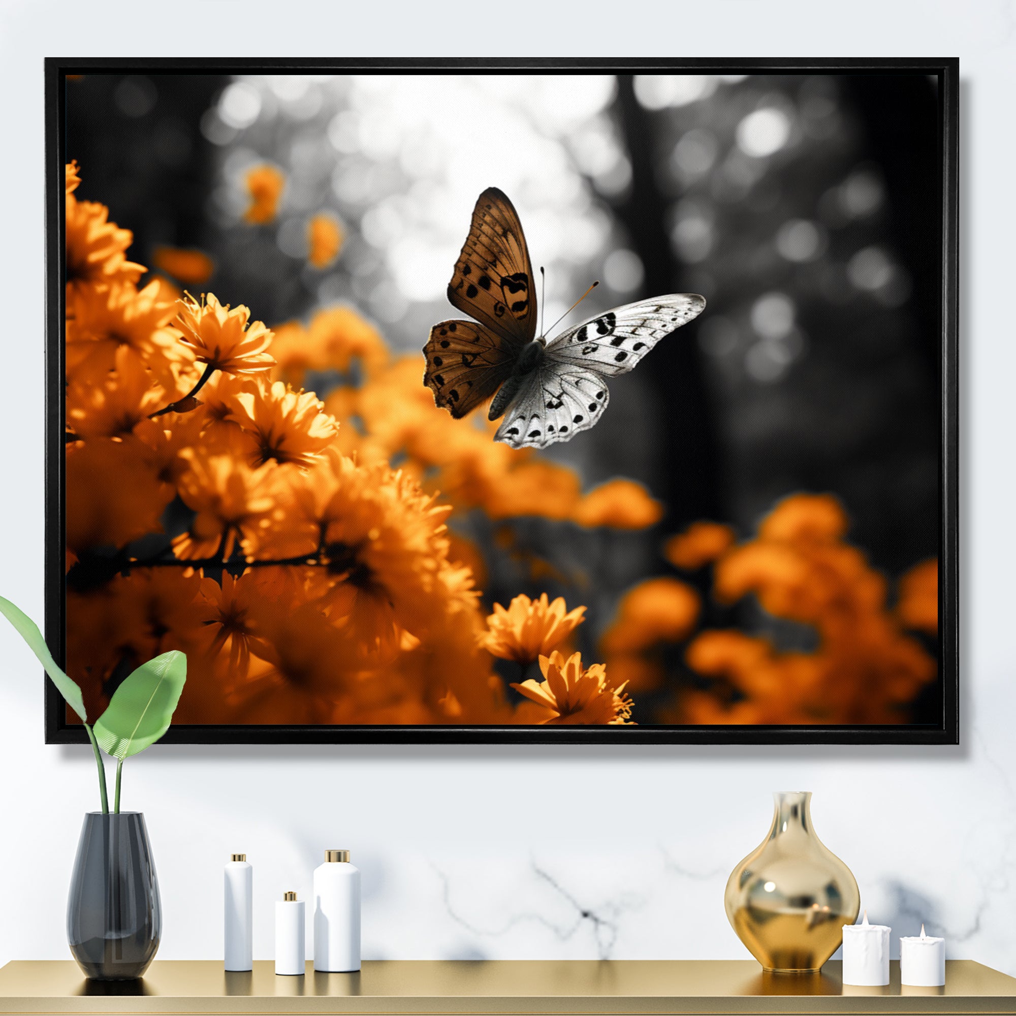 Orange Grey Butterfly Fluttering Grace - Orange Butterfly Wall Art