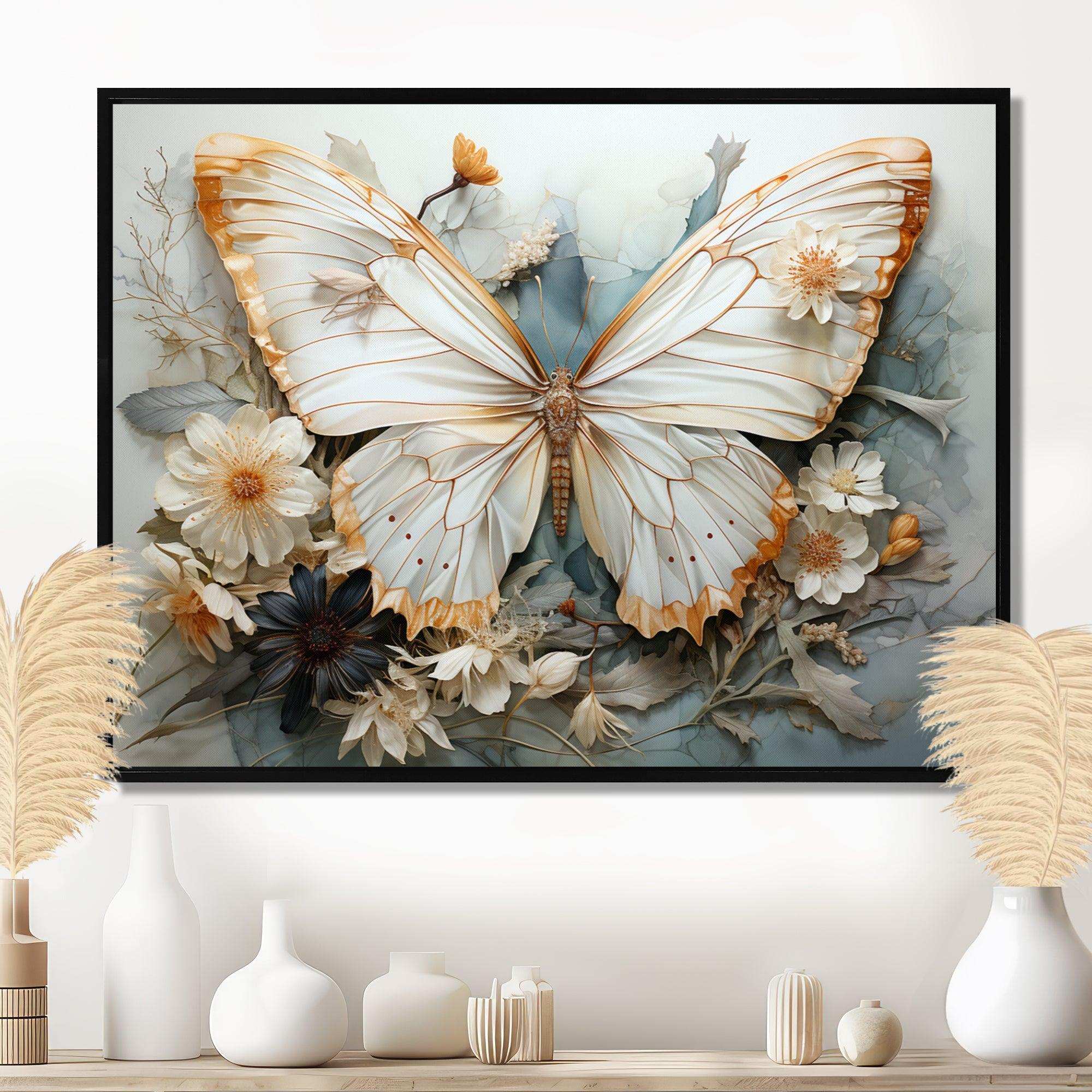 White Grey Butterfly Intricate Patterns - Animals Canvas Wall Art