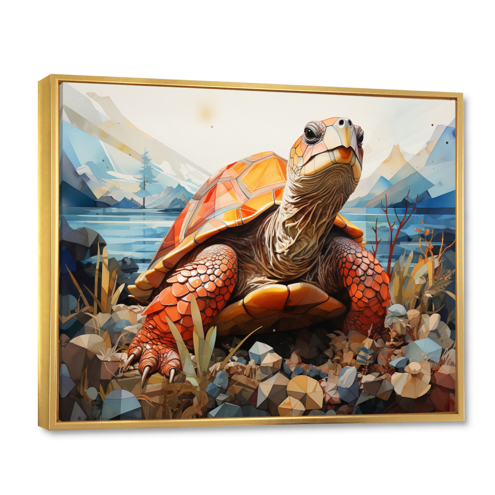 Turtle Portrait Geometric At Beach - Turtle Framed Canvas Art