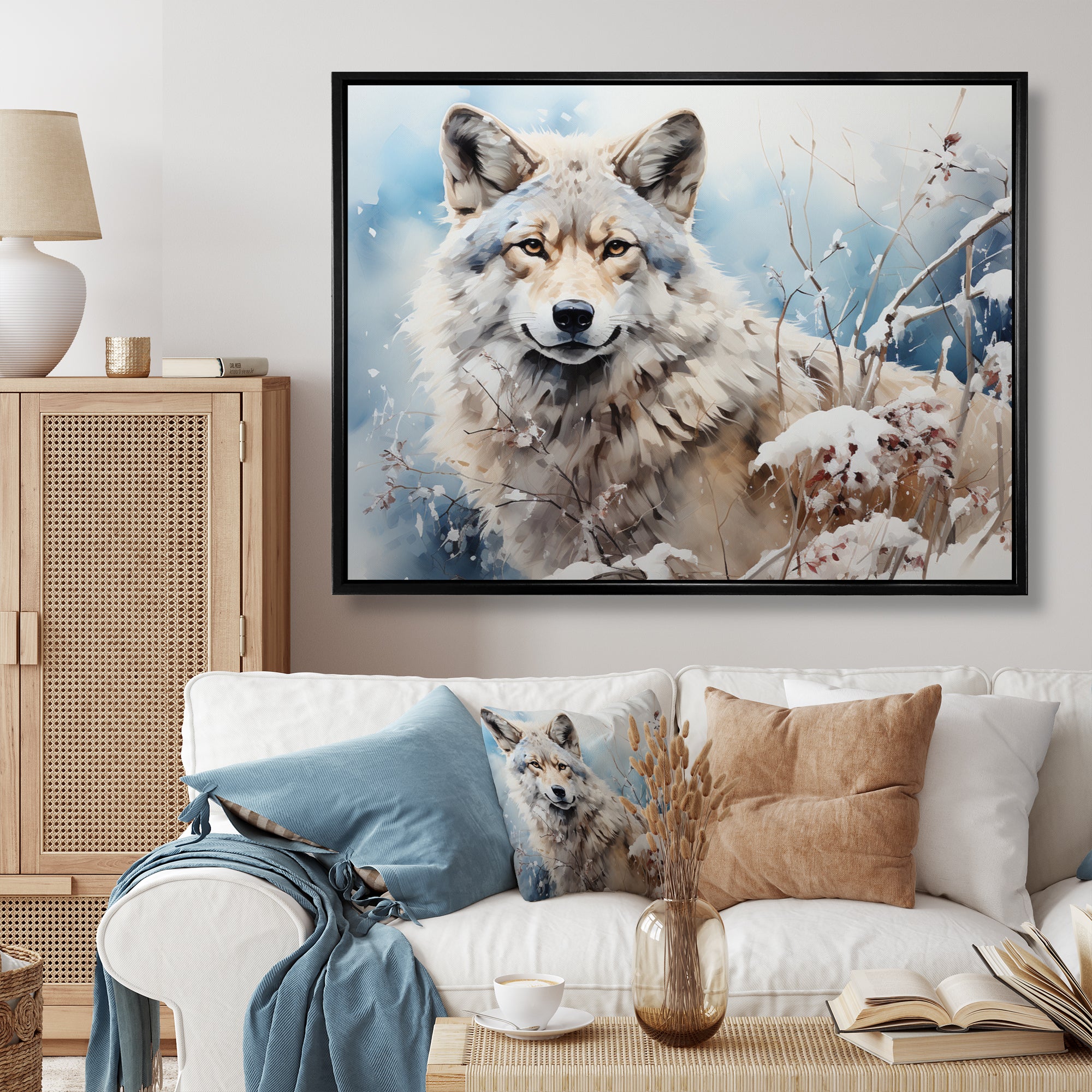 Wolf Winters Embrace - Deer Framed Canvas Art