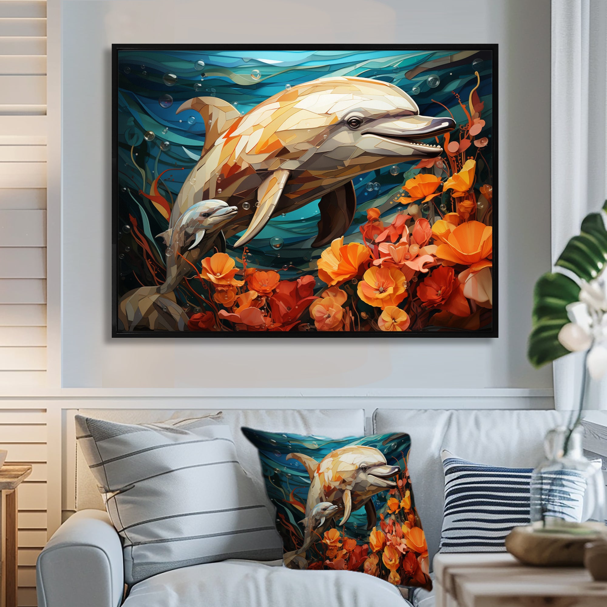 Dolphin Marine Symphony Geometric - Orange Dolphin Wall Art