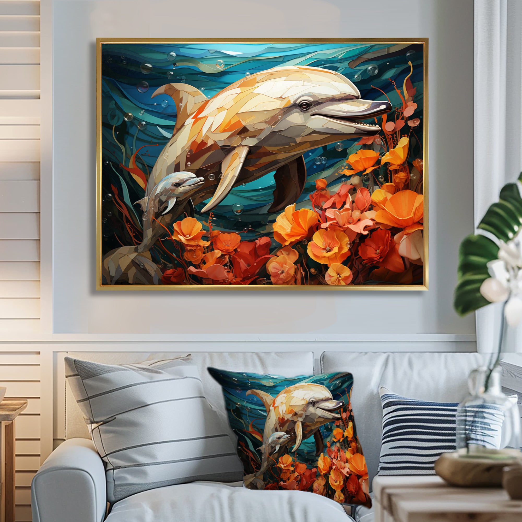 Dolphin Marine Symphony Geometric - Orange Dolphin Wall Art