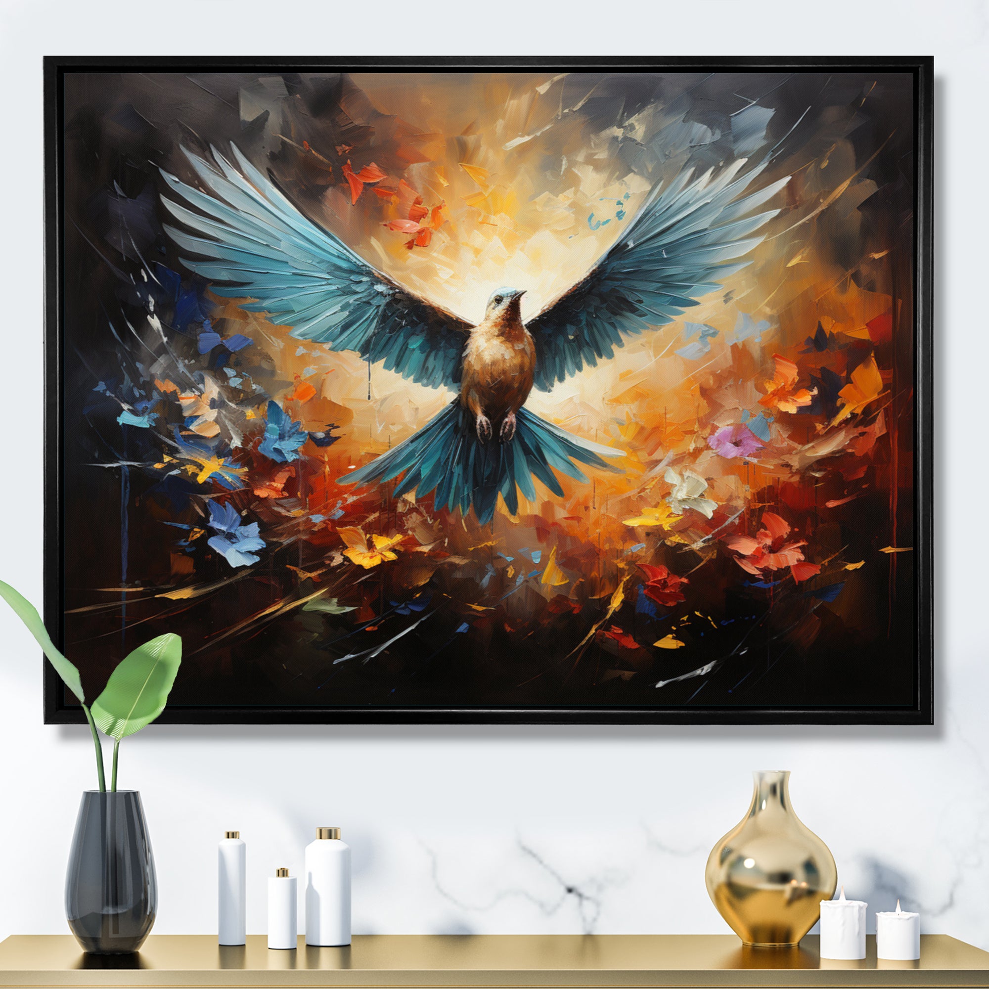 Teal Dove Winged Harmony Collage - Dove Framed Canvas Art