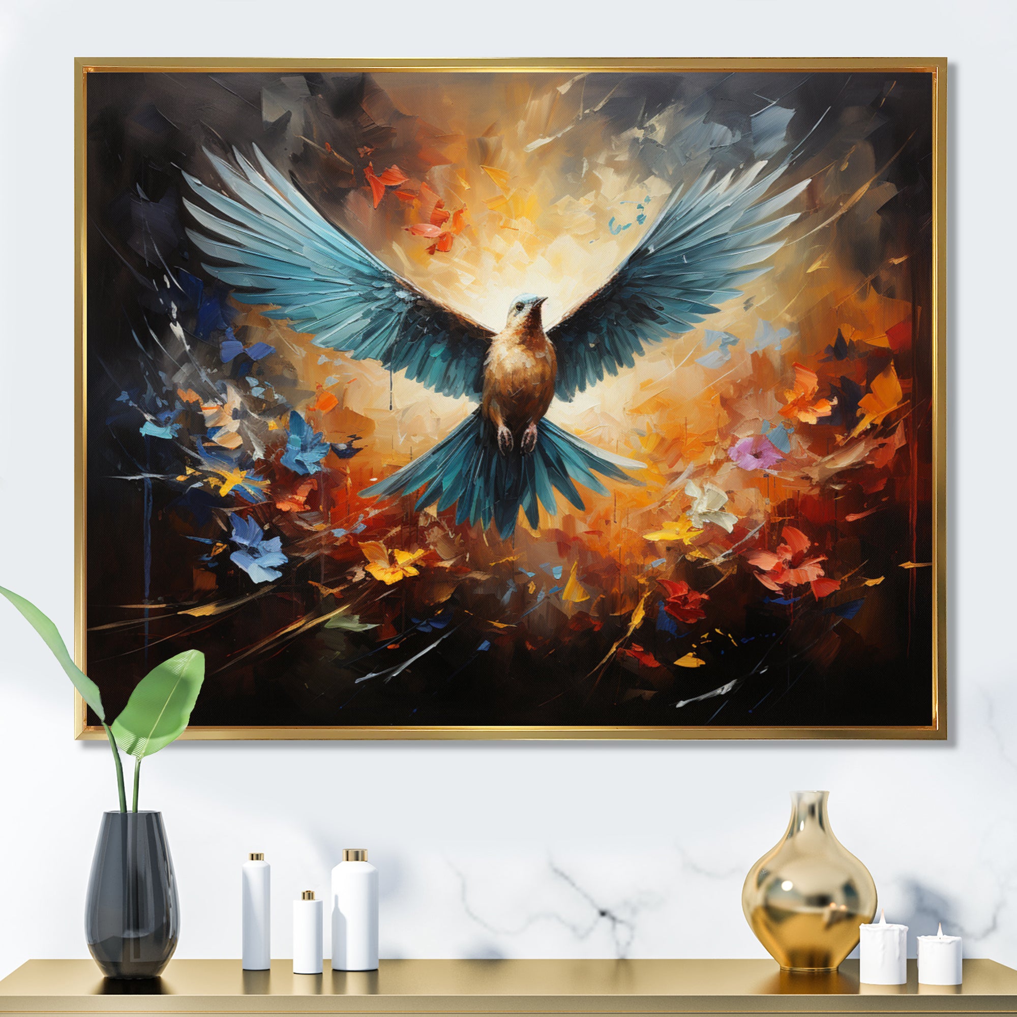 Teal Dove Winged Harmony Collage - Dove Framed Canvas Art
