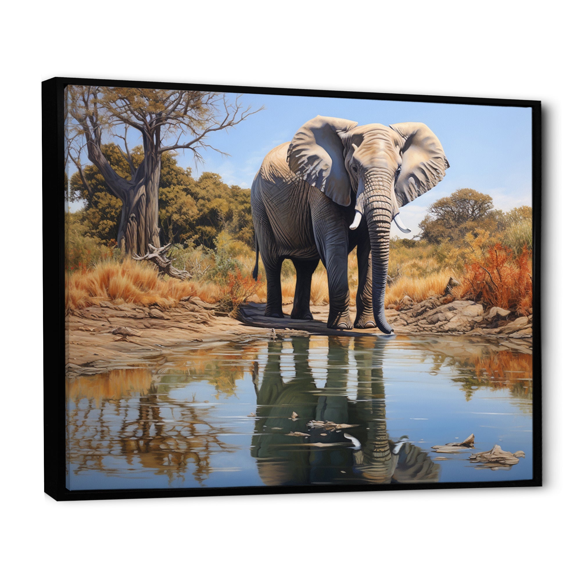 Elephant Reflection - Elephant Framed Canvas Art