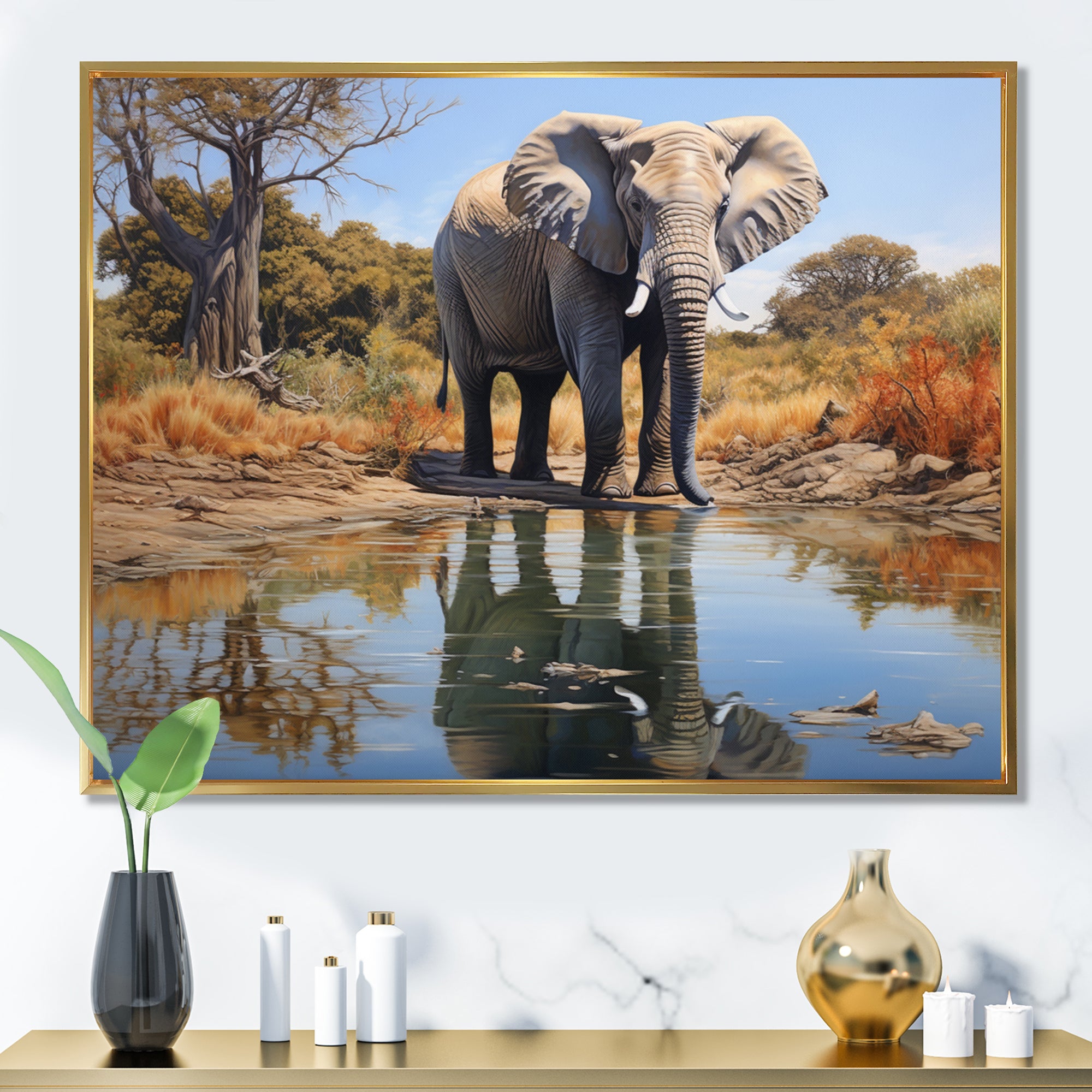 Elephant Reflection - Elephant Framed Canvas Art