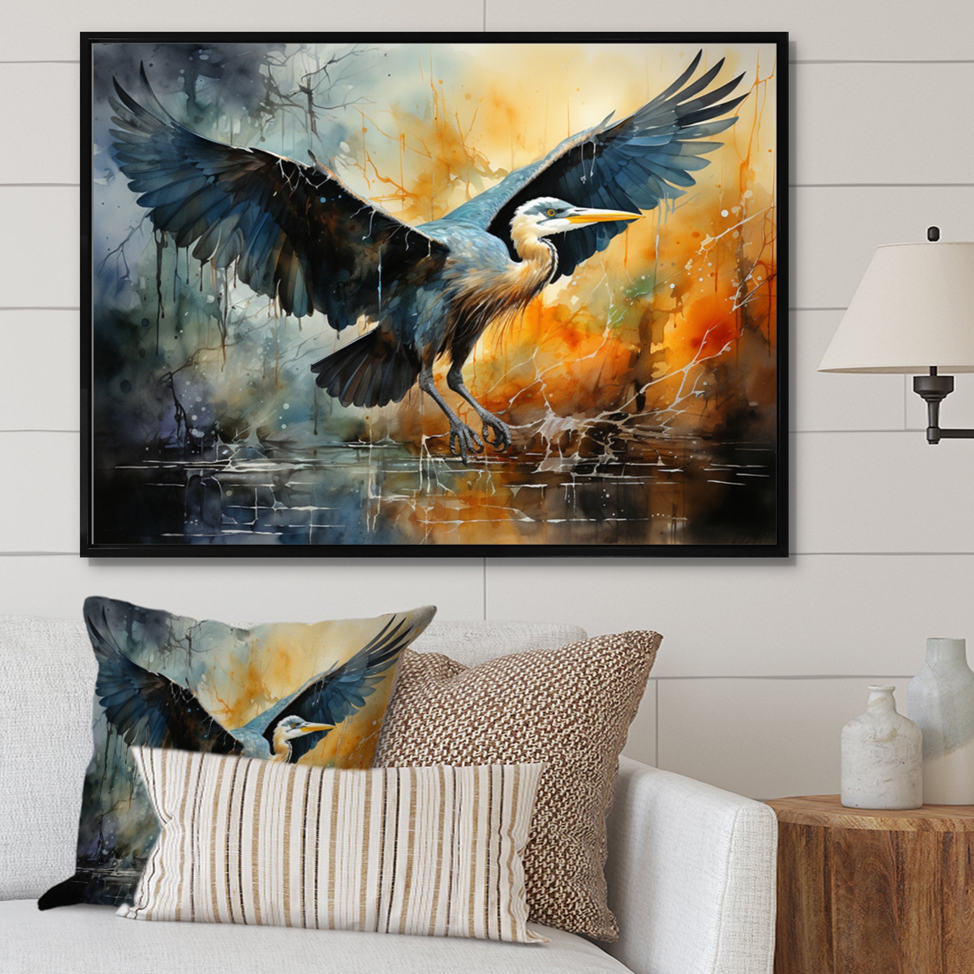 Teal Yellow Heron Elegance Unveiled Pointillism - Heron Wall Decor