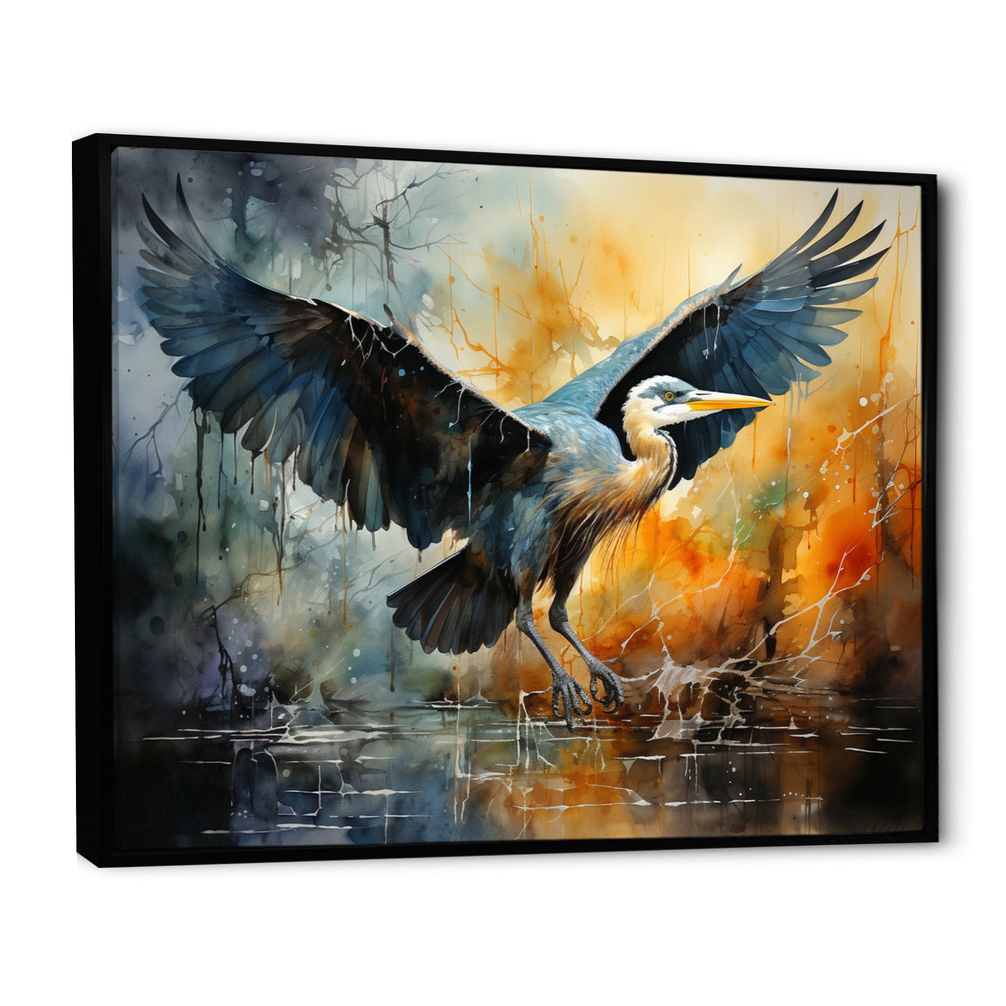 Teal Yellow Heron Elegance Unveiled Pointillism - Heron Wall Decor