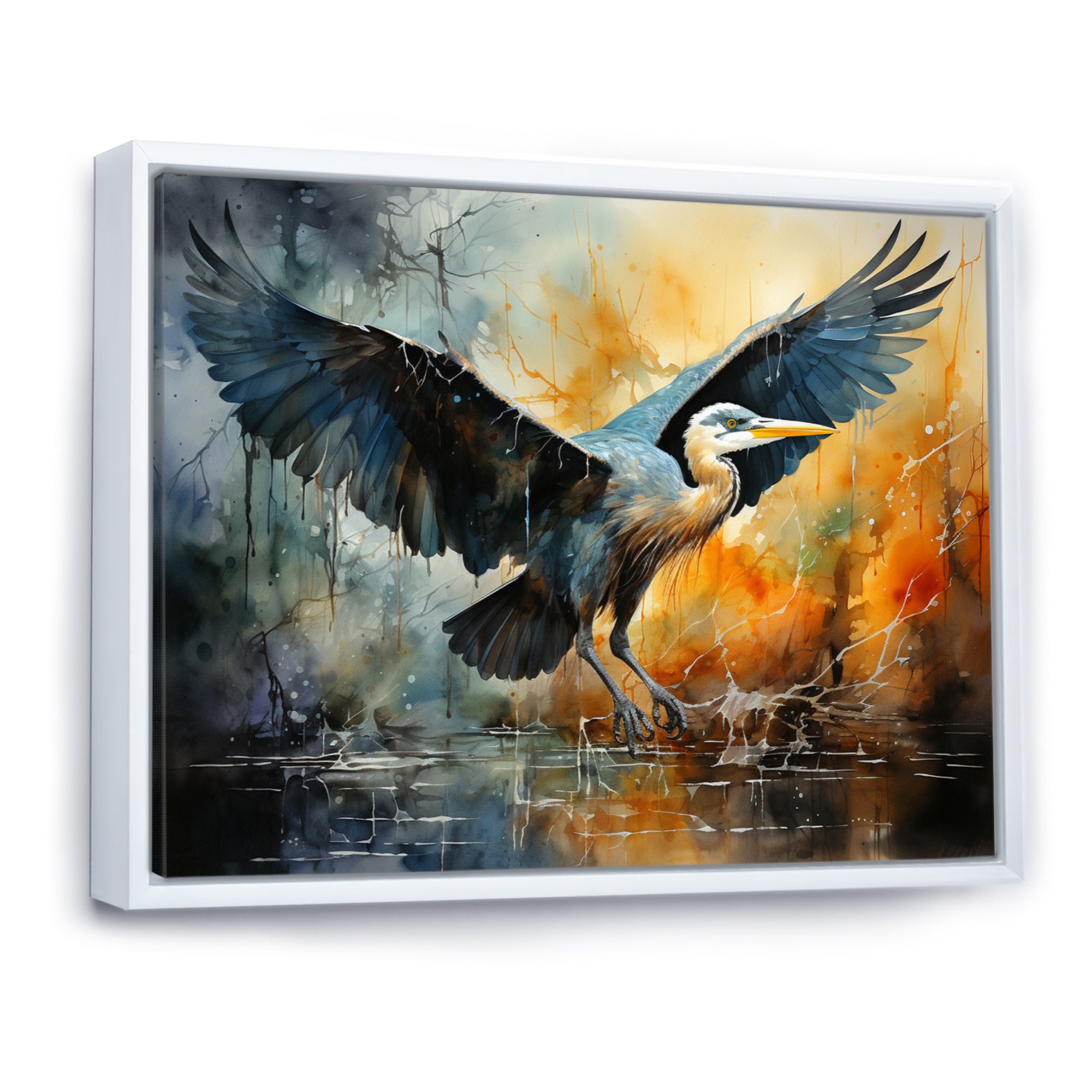 Teal Yellow Heron Elegance Unveiled Pointillism - Heron Wall Decor