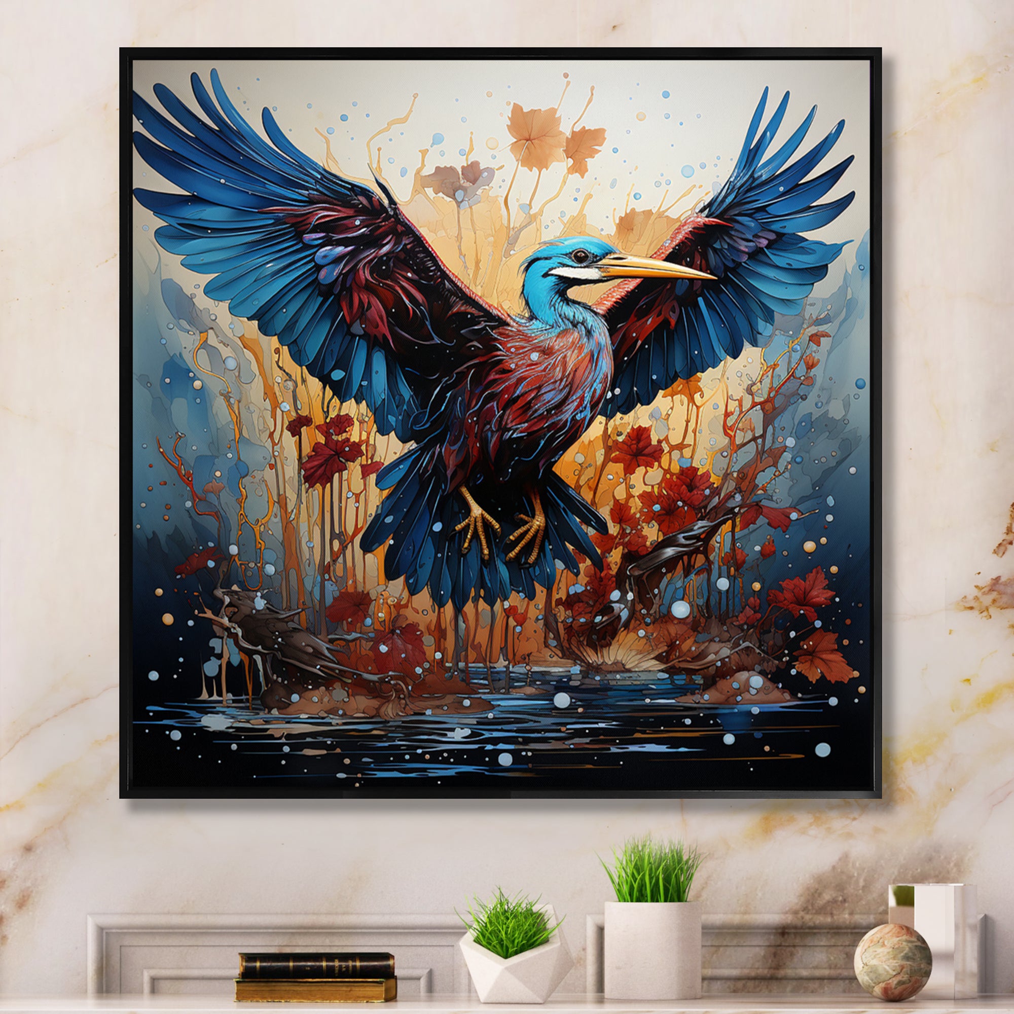 Heron Majestic Wings Pointillism - Teal Heron Wall Art