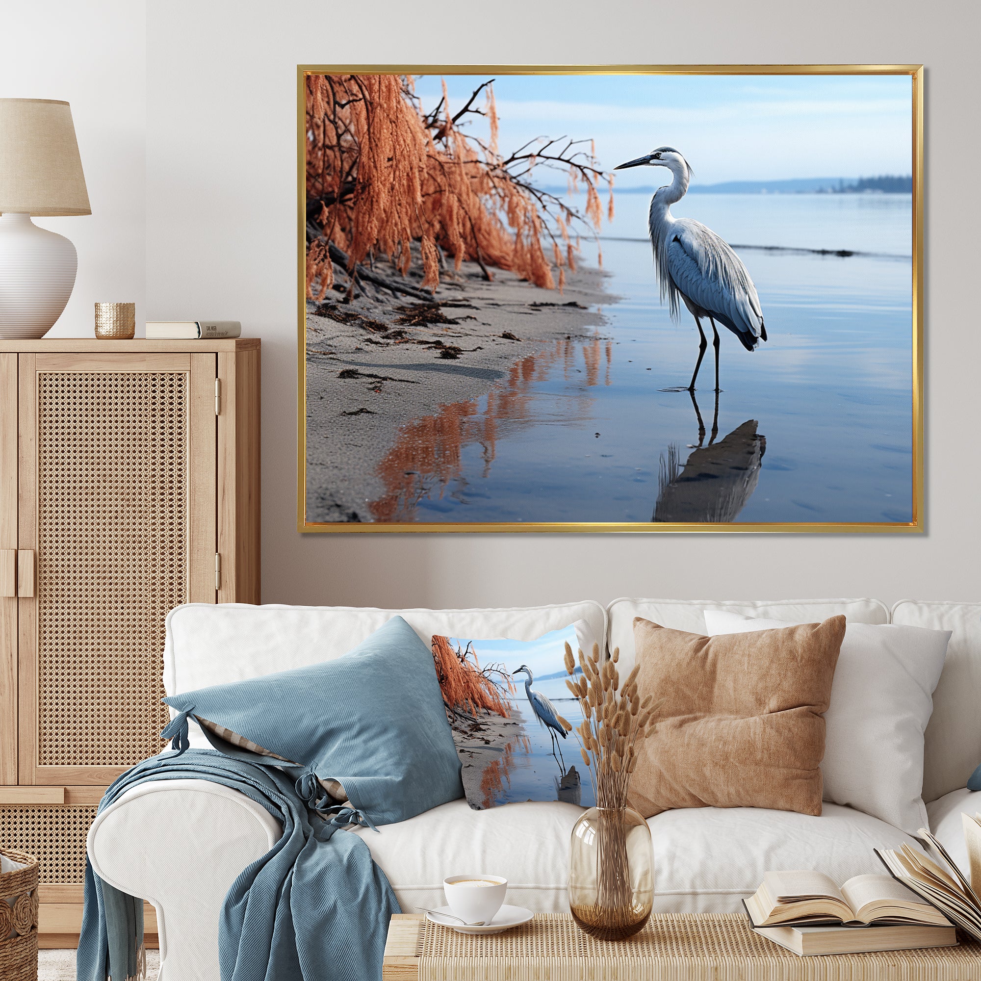 Heron Morning Stroll - Heron Framed Canvas Art